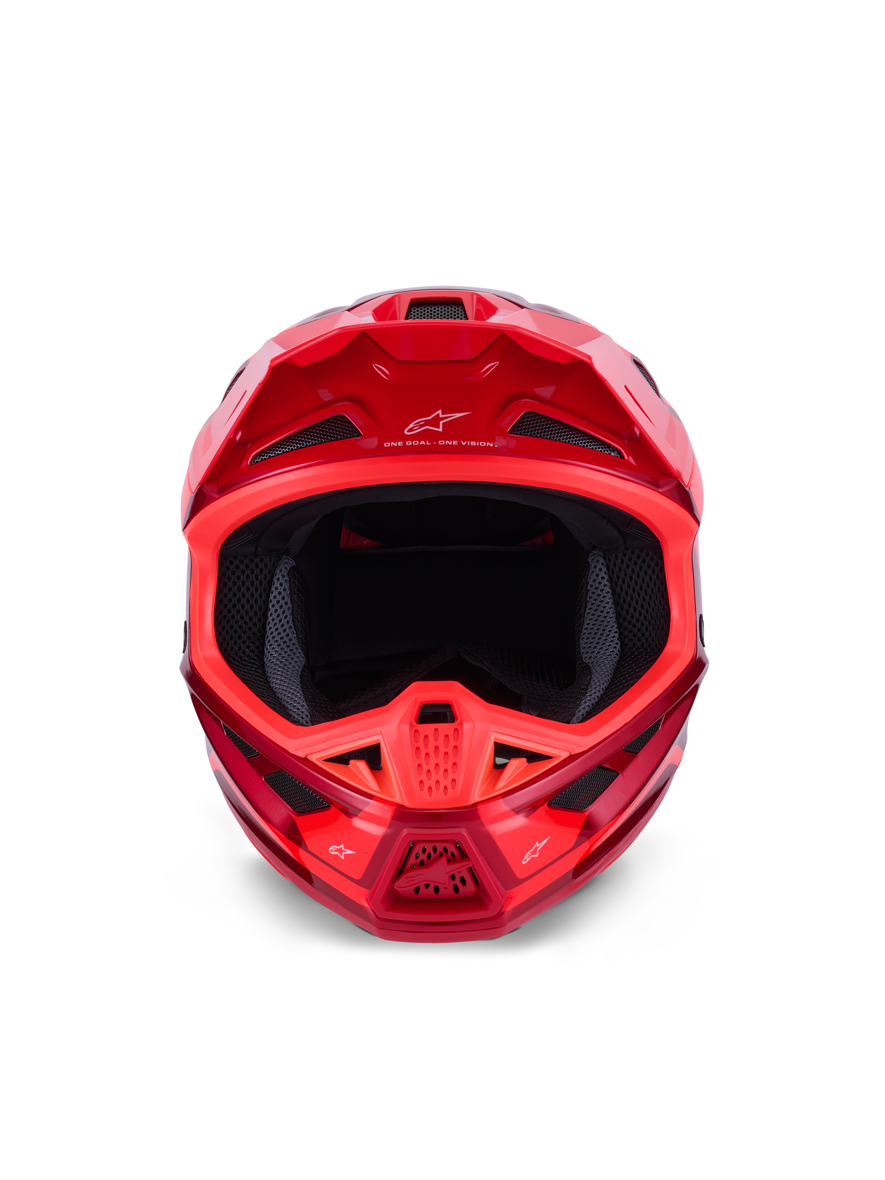Casco Alpinestars S-M7 Core, casco de motocross, rojo brillante, vista frontal que muestra múltiples entradas de aire y diseño aerodinámico, logotipo de Astars en la visera y la mentonera, equipamiento profesional para carreras off-road
