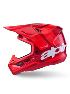 Casco Alpinestars S-M7 Core, color rojo brillante con acentos geométricos, casco de motocross en vista de perfil lateral, calota aerodinámica con puertos de ventilación y logotipos blancos, equipo de competición off-road de alto rendimiento