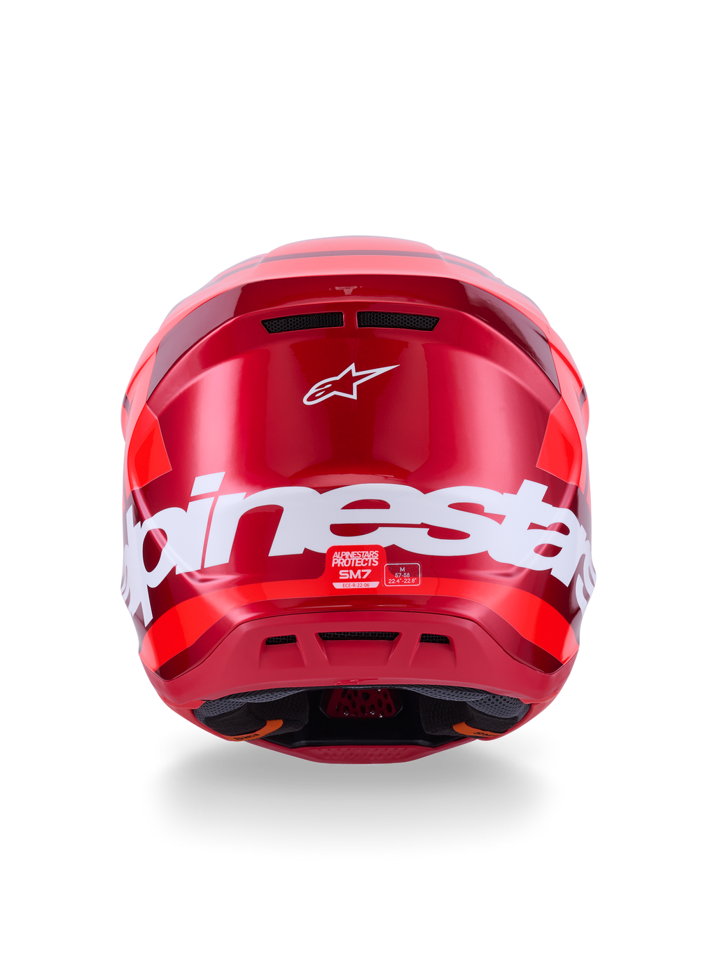 Casco Alpinestars S-M7 Core, Rojo Brillante, vista trasera con gran logotipo blanco de Alpinestars, calota aerodinámica con puertos de ventilación integrados, protección profesional para la cabeza en motocross