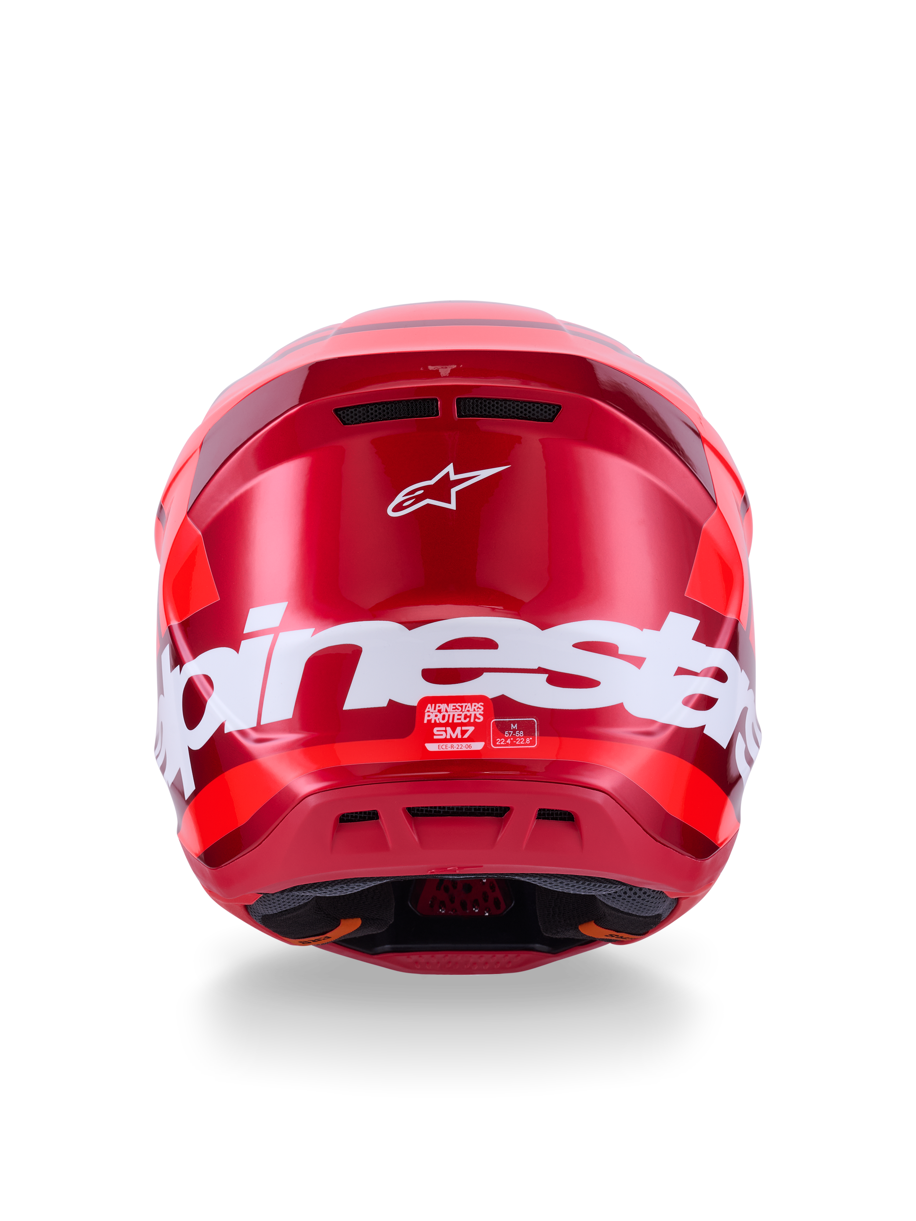 Casco Alpinestars S-M7 Core, Rojo Brillante, vista trasera con gran logotipo blanco de Alpinestars, calota aerodinámica con puertos de ventilación integrados, protección profesional para la cabeza en motocross