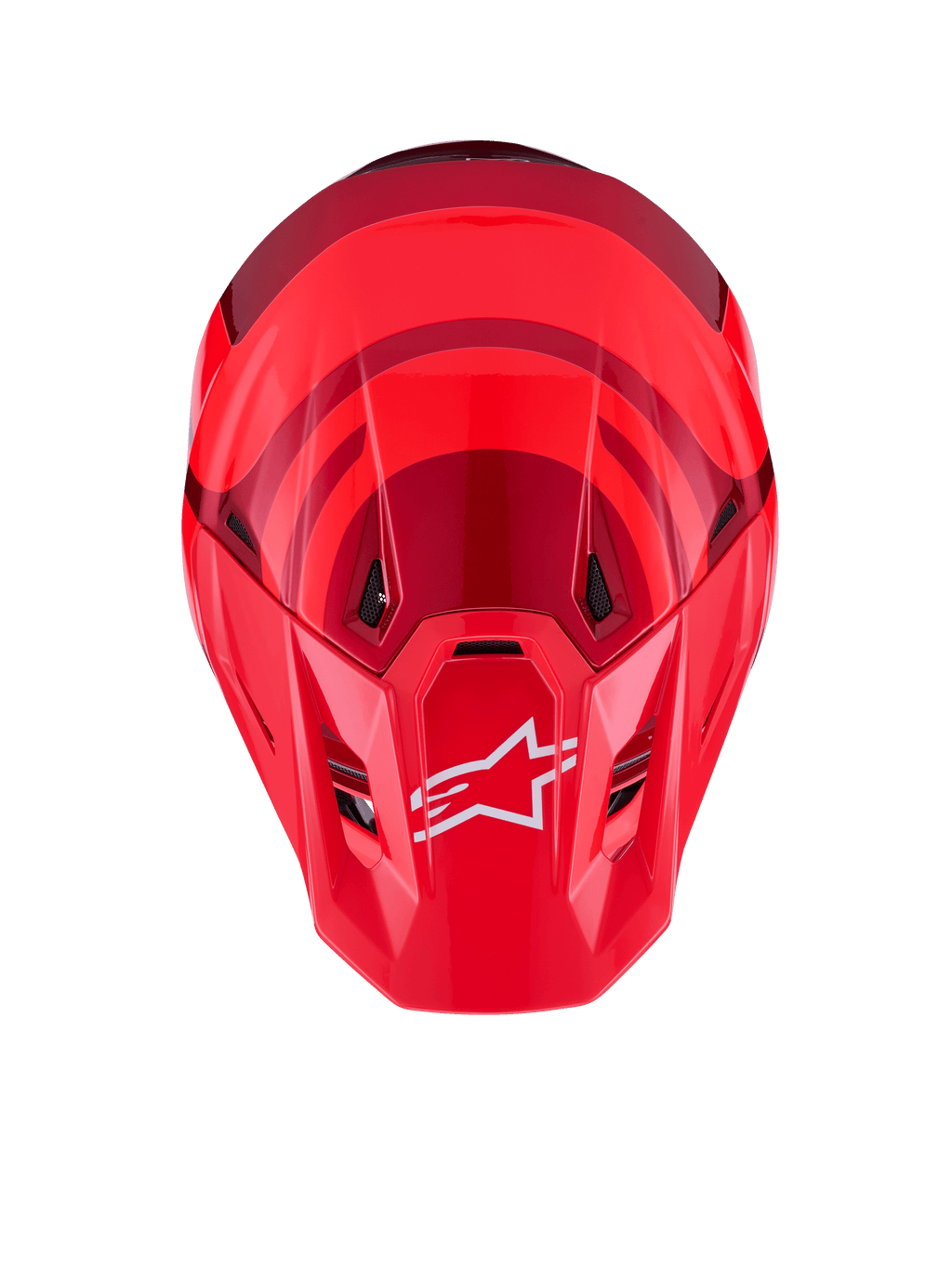 Casco Alpinestars S-M7 Core, Rojo Brillante, vista superior con calota aerodinámica y detalles en rojo oscuro, logotipo A-star blanco en la visera, puertos de ventilación integrados, equipo de protección de motocross de alto rendimiento