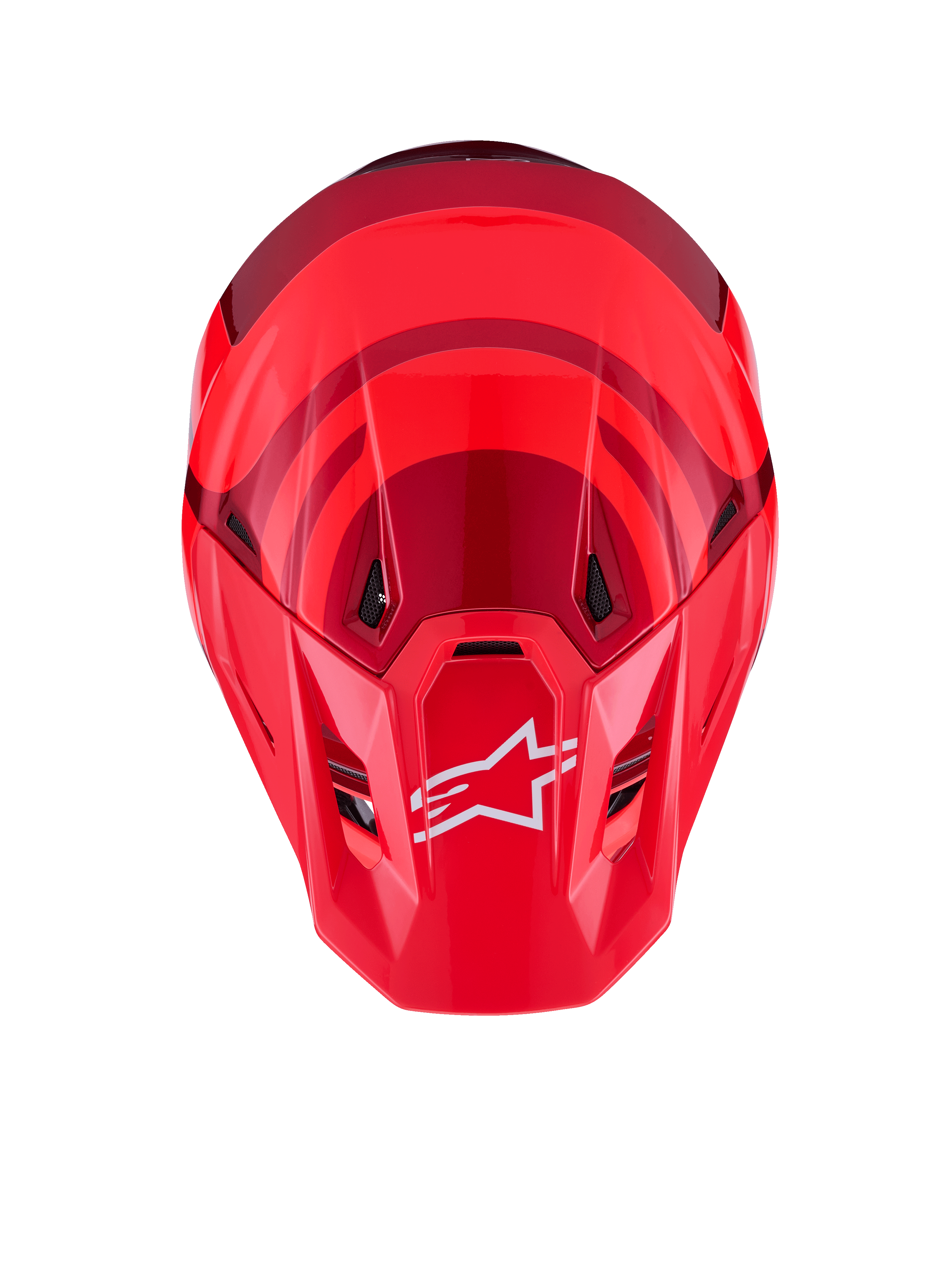 Casco Alpinestars S-M7 Core, Rojo Brillante, vista superior con calota aerodinámica y detalles en rojo oscuro, logotipo A-star blanco en la visera, puertos de ventilación integrados, equipo de protección de motocross de alto rendimiento
