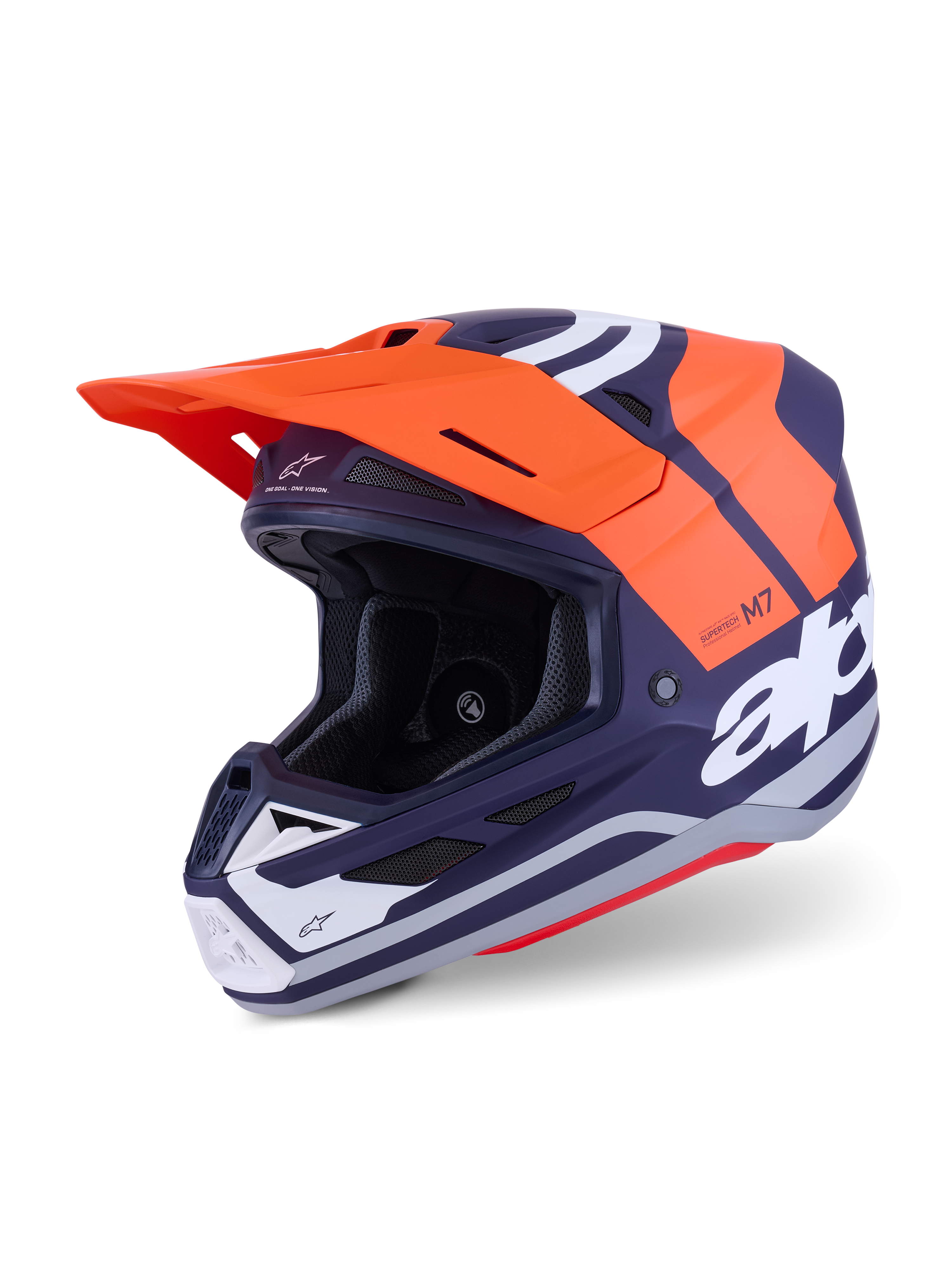 Alpinestars S-M7 Core Helmet ECE 22.06, casco de motocross, naranja y azul marino mate, con logotipos blancos llamativos, carcasa aerodinámica con ventilación integrada, visera naranja y construcción de nivel profesional para carreras off-road