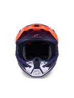 Casco Alpinestars S-M7 Core, casco de motocross, naranja y azul mate, vista frontal con detalles blancos en la mentonera, con el lema "One Goal - One Vision", carcasa aerodinámica para competición off-road
