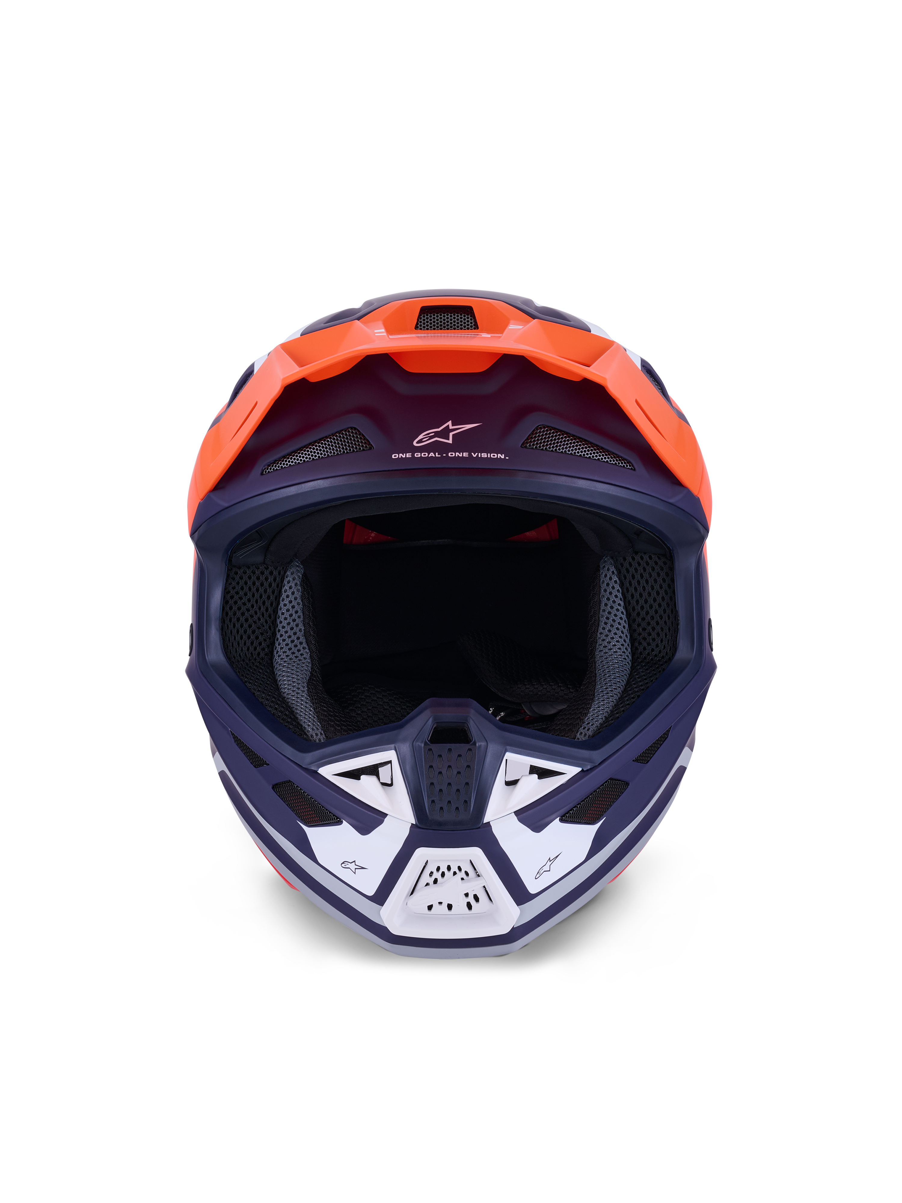 Casco Alpinestars S-M7 Core, casco de motocross, naranja y azul mate, vista frontal con detalles blancos en la mentonera, con el lema "One Goal - One Vision", carcasa aerodinámica para competición off-road