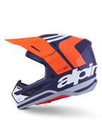 Casco Alpinestars S-M7 Core ECE 22.06, perfil lateral, acabado mate en azul marino y naranja, gran logotipo blanco en el lateral, casco aerodinámico de motocross con visera protectora