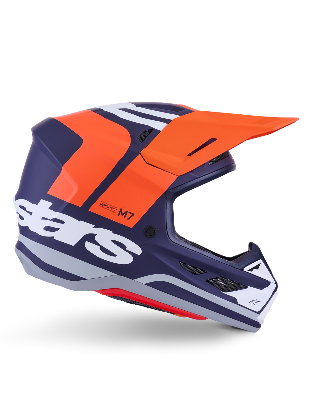 Alpinestars S-M7 Core Helmet ECE 22.06, casco de motocross, azul oscuro mate con detalles en naranja vibrante y blanco, visera naranja, perfil aerodinámico con puertos de ventilación de malla y certificación ECE 22.06