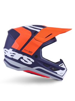 Alpinestars S-M7 Core Helmet ECE 22.06, casco de motocross, azul oscuro mate con detalles en naranja vibrante y blanco, visera naranja, perfil aerodinámico con puertos de ventilación de malla y certificación ECE 22.06