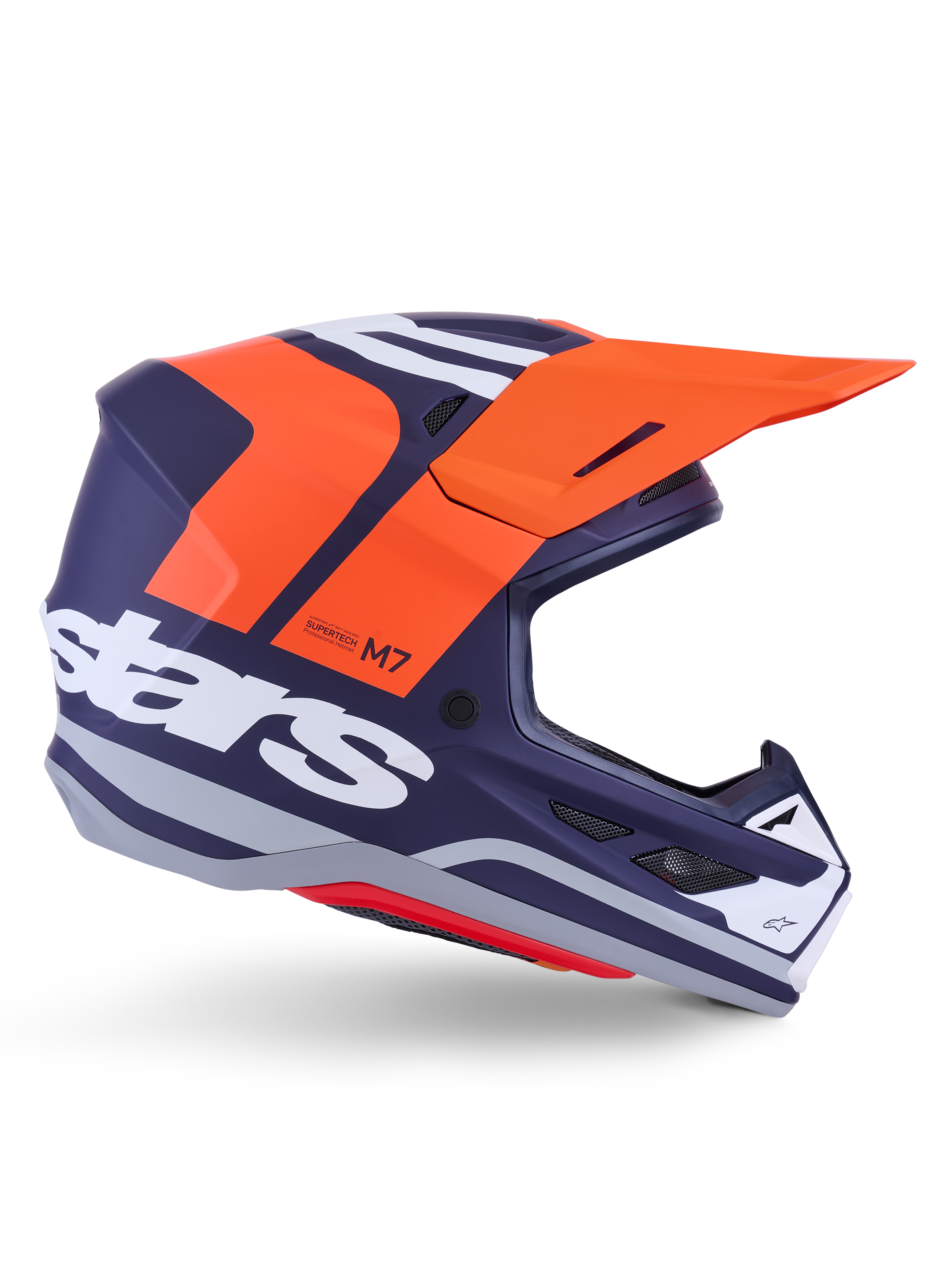 Alpinestars S-M7 Core Helmet ECE 22.06, casco de motocross, azul oscuro mate con detalles en naranja vibrante y blanco, visera naranja, perfil aerodinámico con puertos de ventilación de malla y certificación ECE 22.06