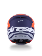 Alpinestars S-M7 Core Helmet ECE 22.06, casco de motocross, naranja y azul mate, vista trasera con gran marca Alpinestars en blanco y logotipo de Astars, diseño aerodinámico estilizado con puertos de escape integrados, protección todoterreno de nivel profesional