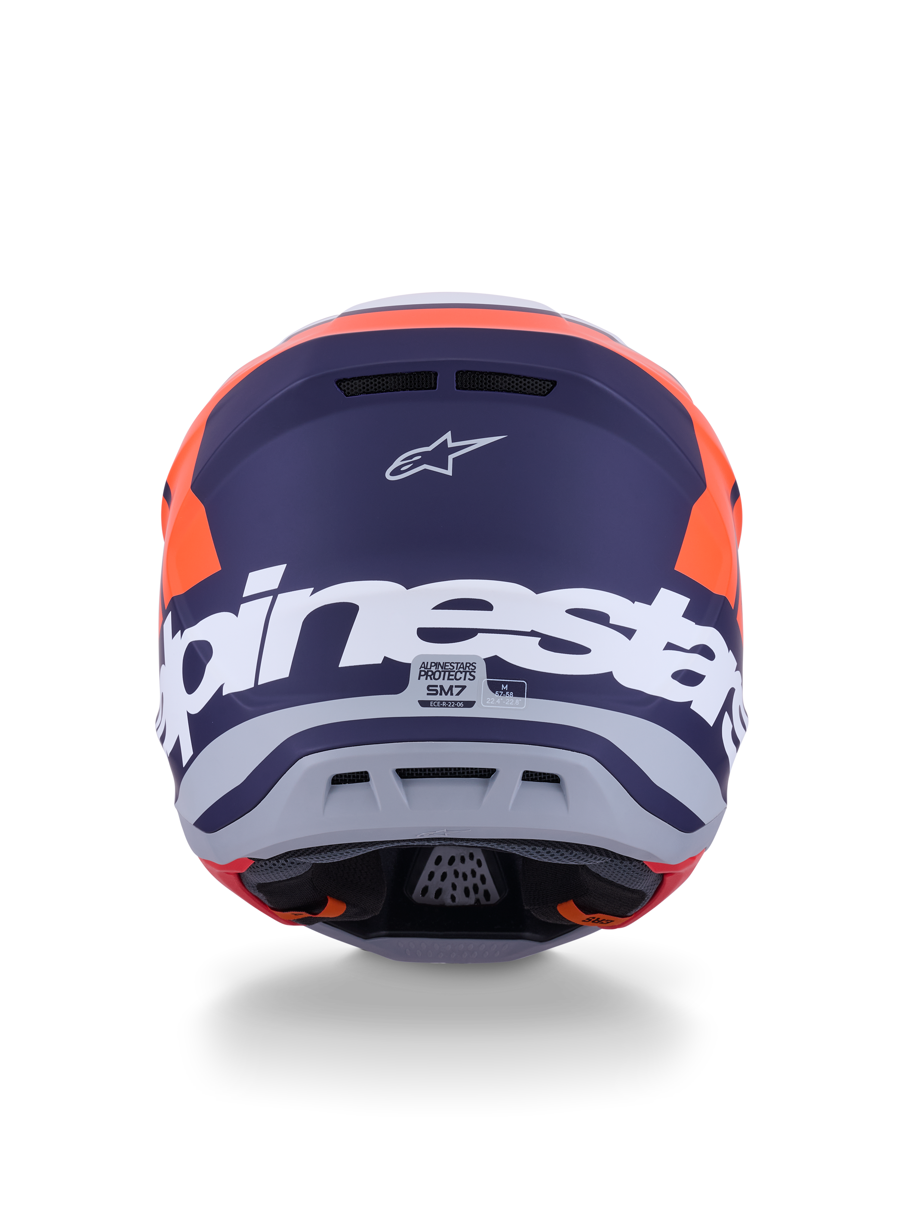 Alpinestars S-M7 Core Helmet ECE 22.06, casco de motocross, naranja y azul mate, vista trasera con gran marca Alpinestars en blanco y logotipo de Astars, diseño aerodinámico estilizado con puertos de escape integrados, protección todoterreno de nivel profesional