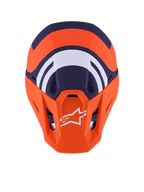 Casco Alpinestars S-M7 Core ECE 22.06, casco de motocross, naranja y azul mate, vista superior con gráficos geométricos en azul marino y blanco, logotipo de Alpinestars blanco en la visera naranja, diseño de carcasa aerodinámica para competición off-road