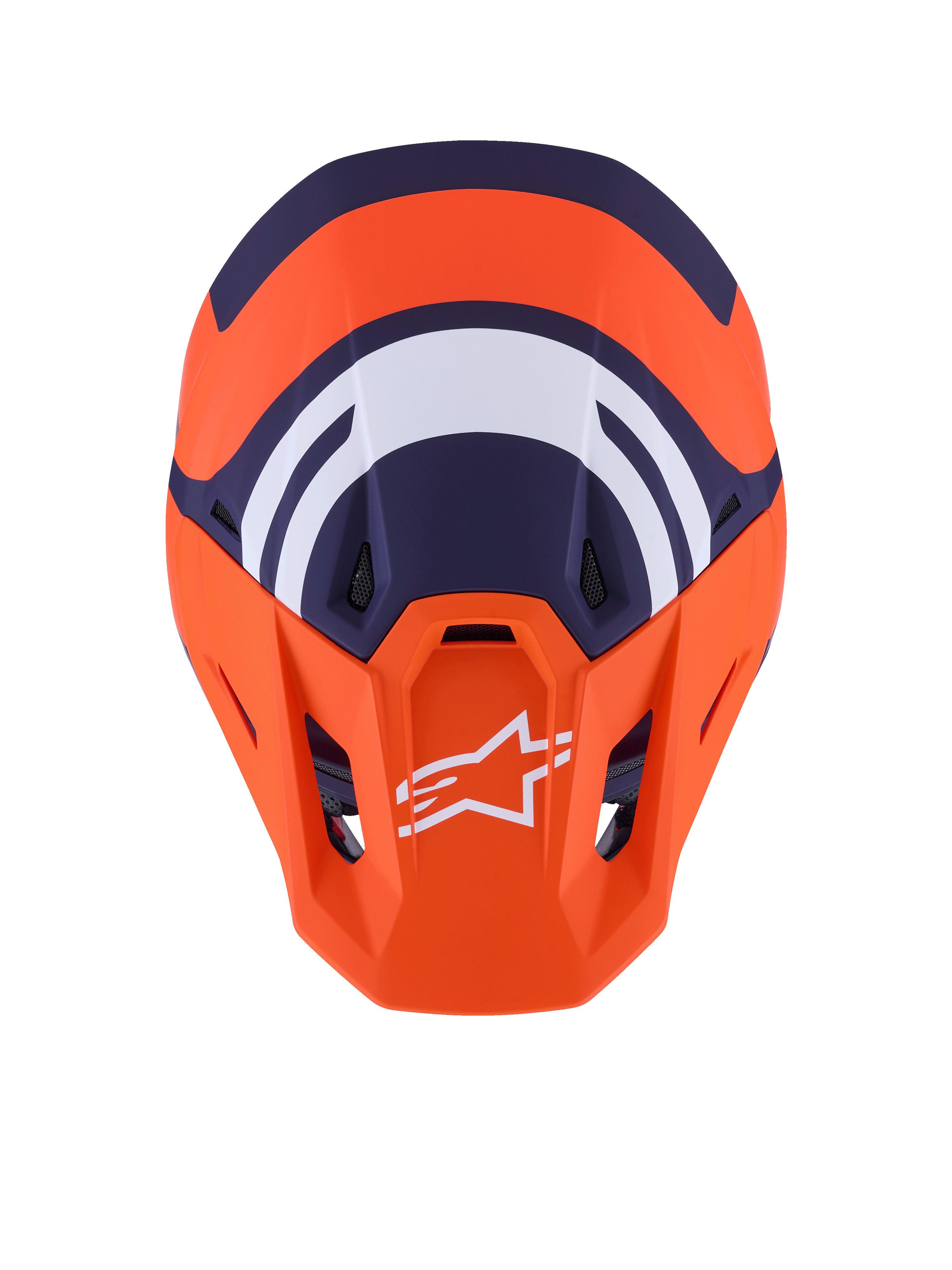 Casco Alpinestars S-M7 Core ECE 22.06, casco de motocross, naranja y azul mate, vista superior con gráficos geométricos en azul marino y blanco, logotipo de Alpinestars blanco en la visera naranja, diseño de carcasa aerodinámica para competición off-road