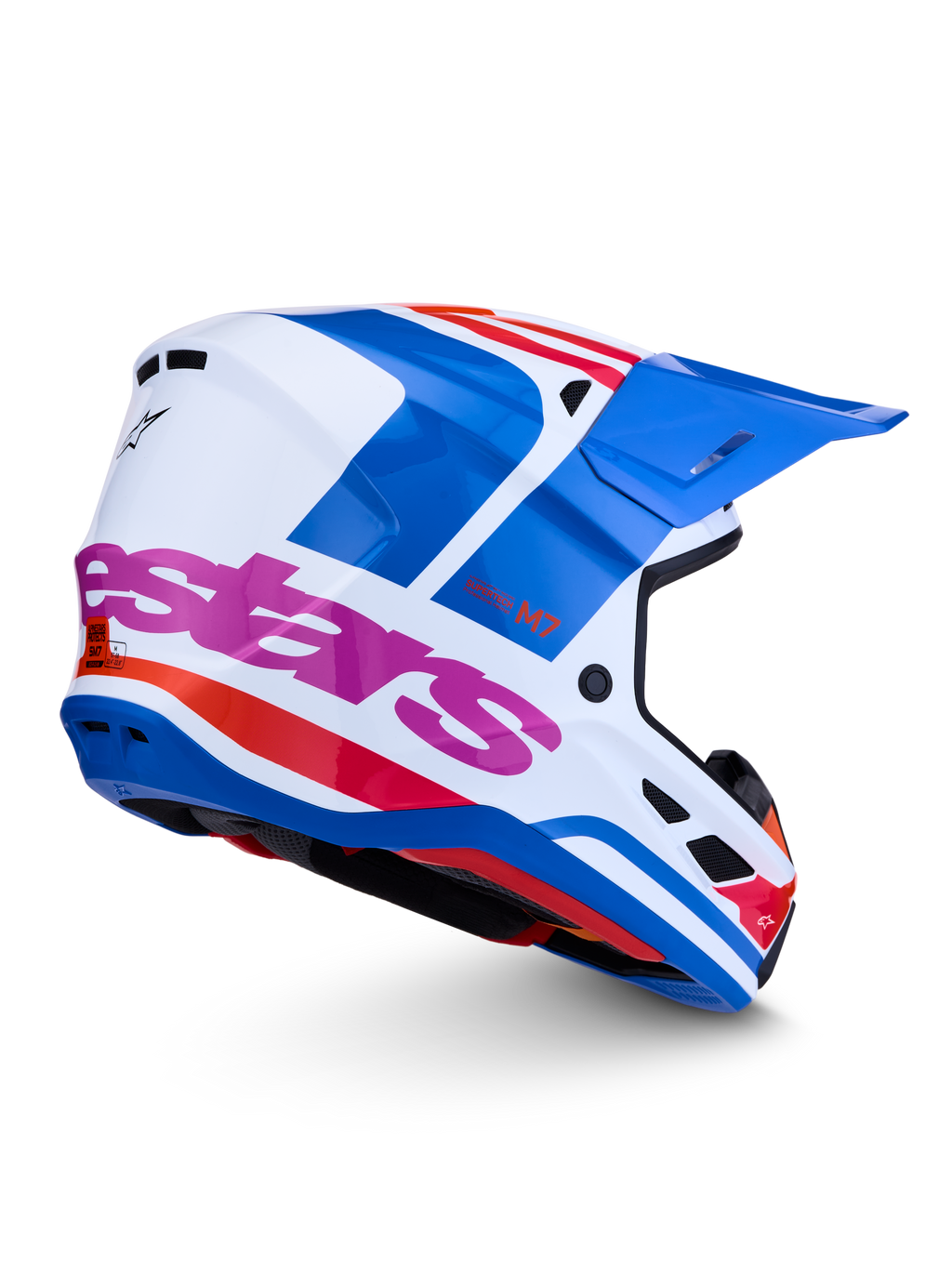 Alpinestars S-M7 Core, casco de motocross blanco y azul con detalles en rosa, certificado ECE 22.06.