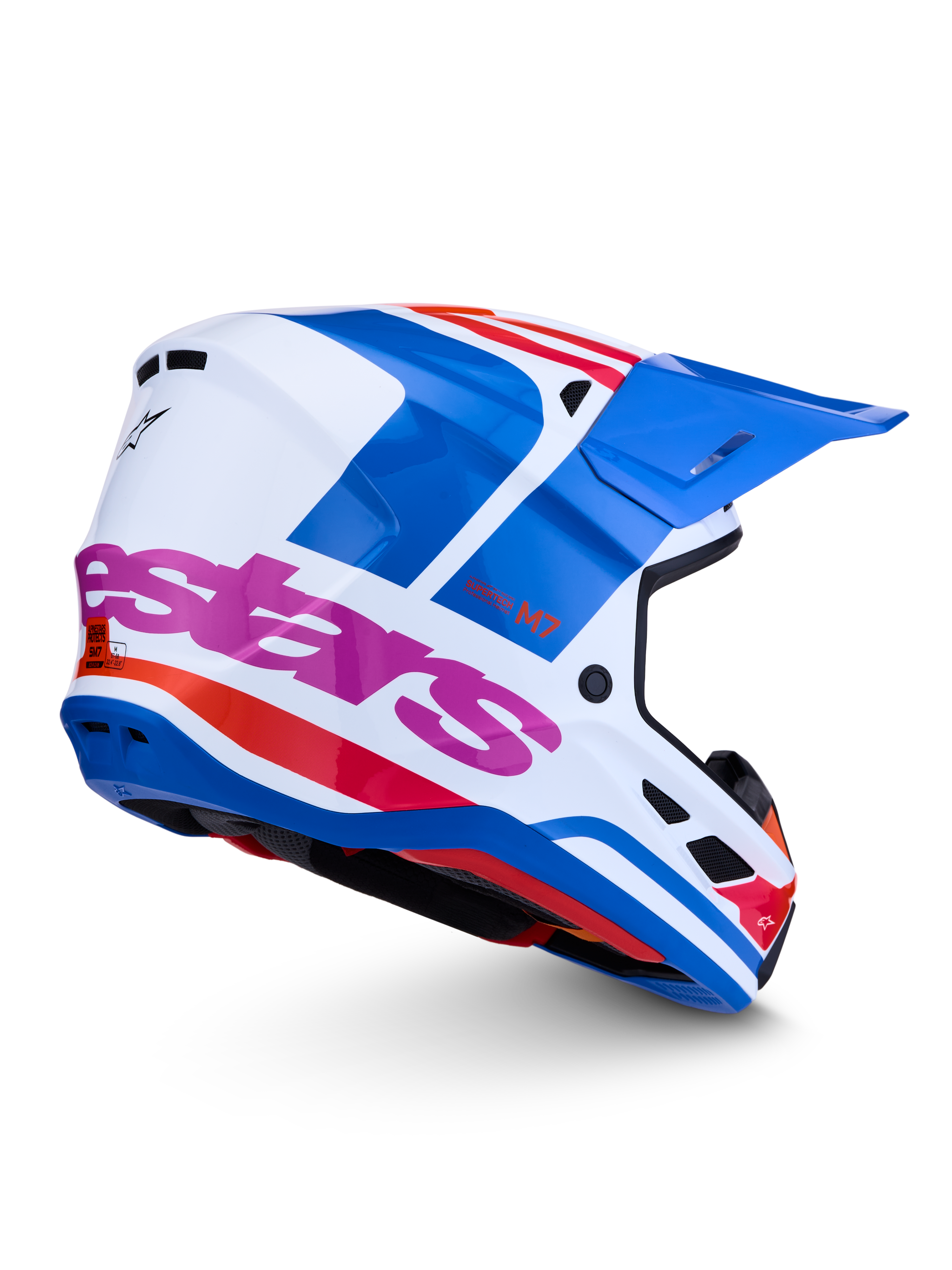 Alpinestars S-M7 Core, casco de motocross blanco y azul con detalles en rosa, certificado ECE 22.06.