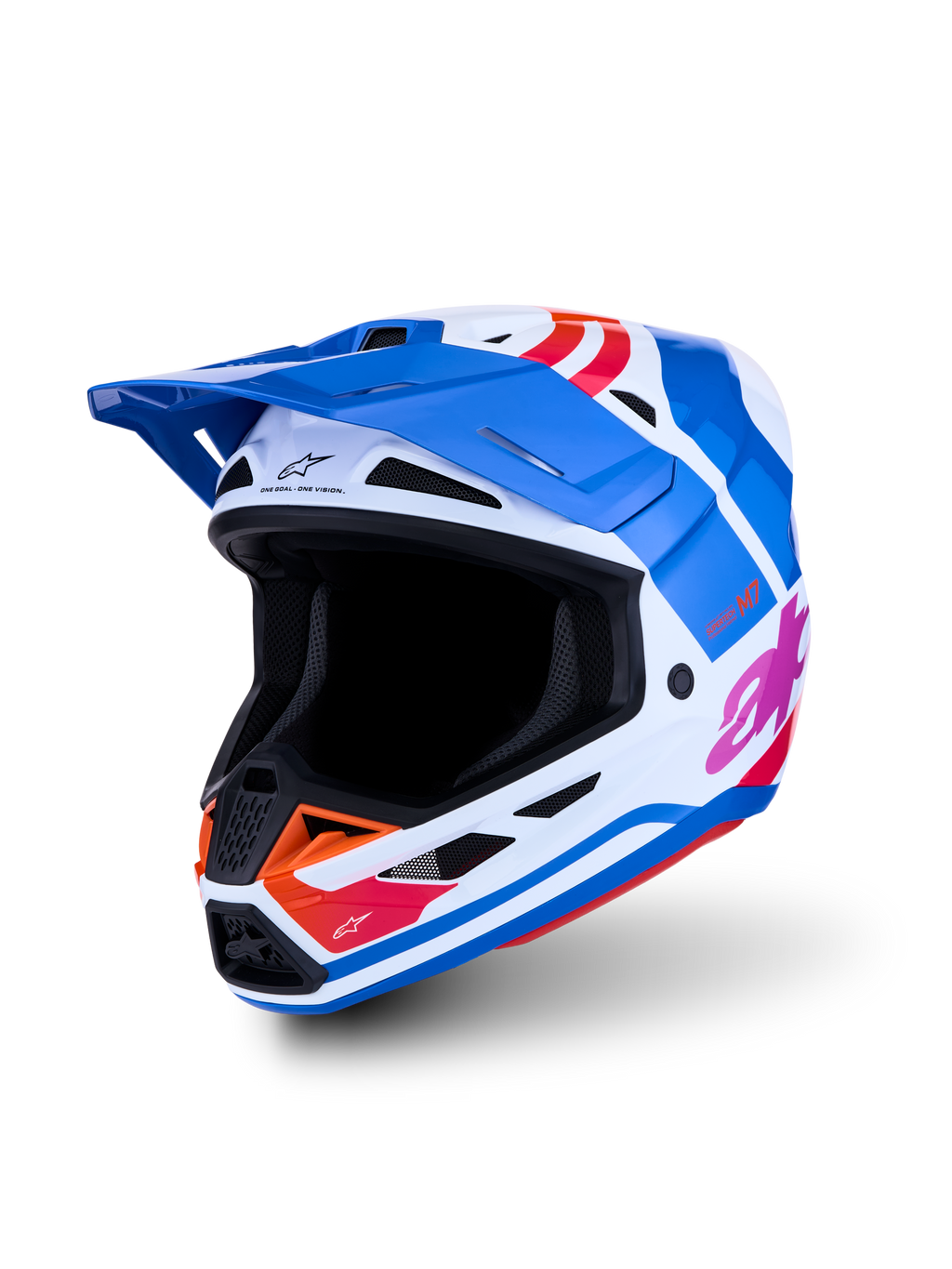 Alpinestars S-M7 Core ECE06, casco de motocross azul y blanco con gráficos naranja y rosa, certificado ECE 22.06