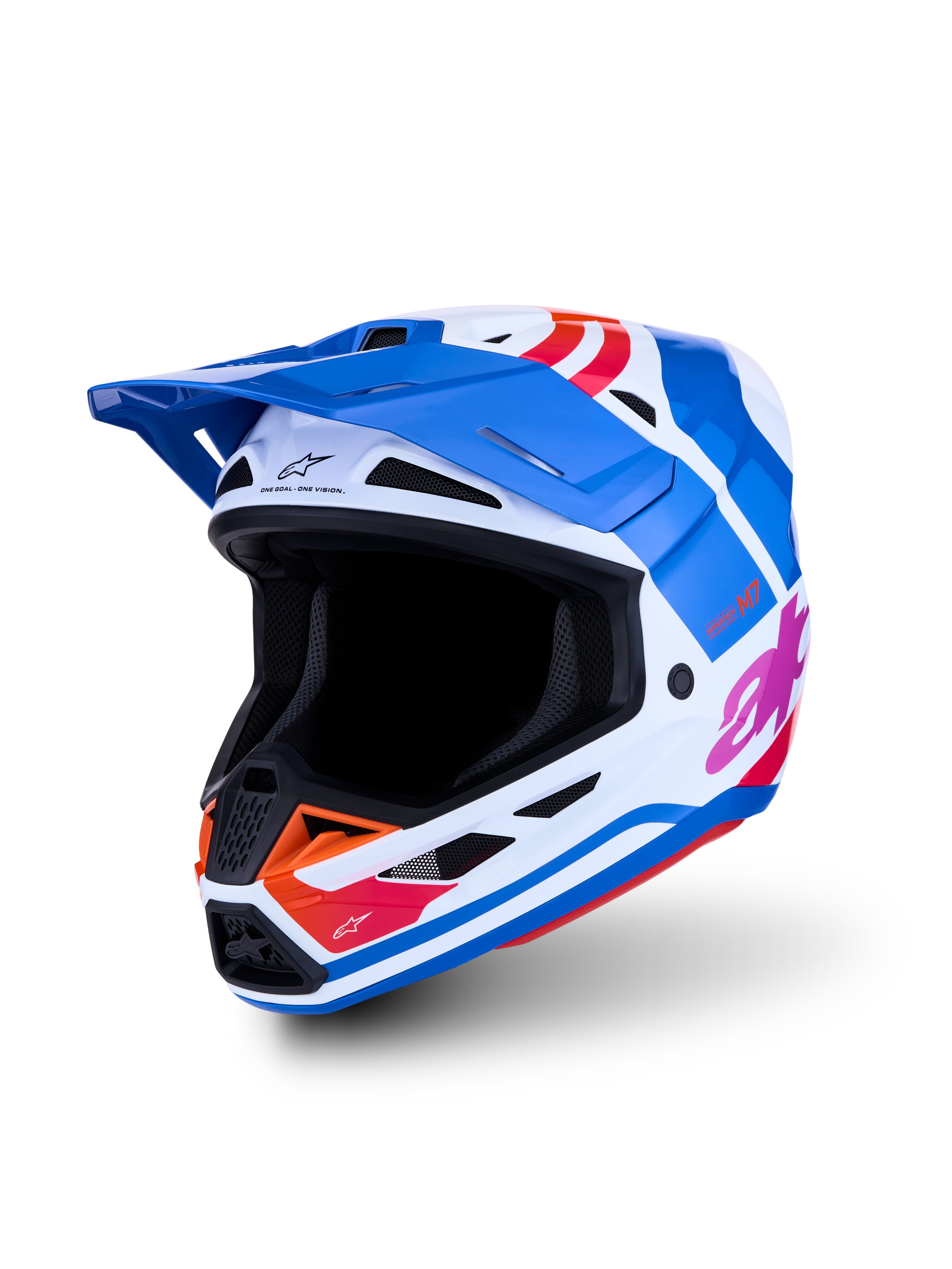 Alpinestars S-M7 Core ECE06, casco de motocross azul y blanco con gráficos naranja y rosa, certificado ECE 22.06