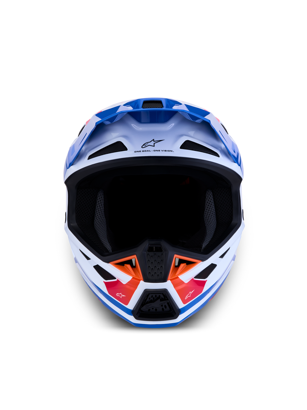 Alpinestars S-M7 Core ECE06, casco de motocross blanco y azul con detalles naranja, ventilación avanzada y certificación ECE