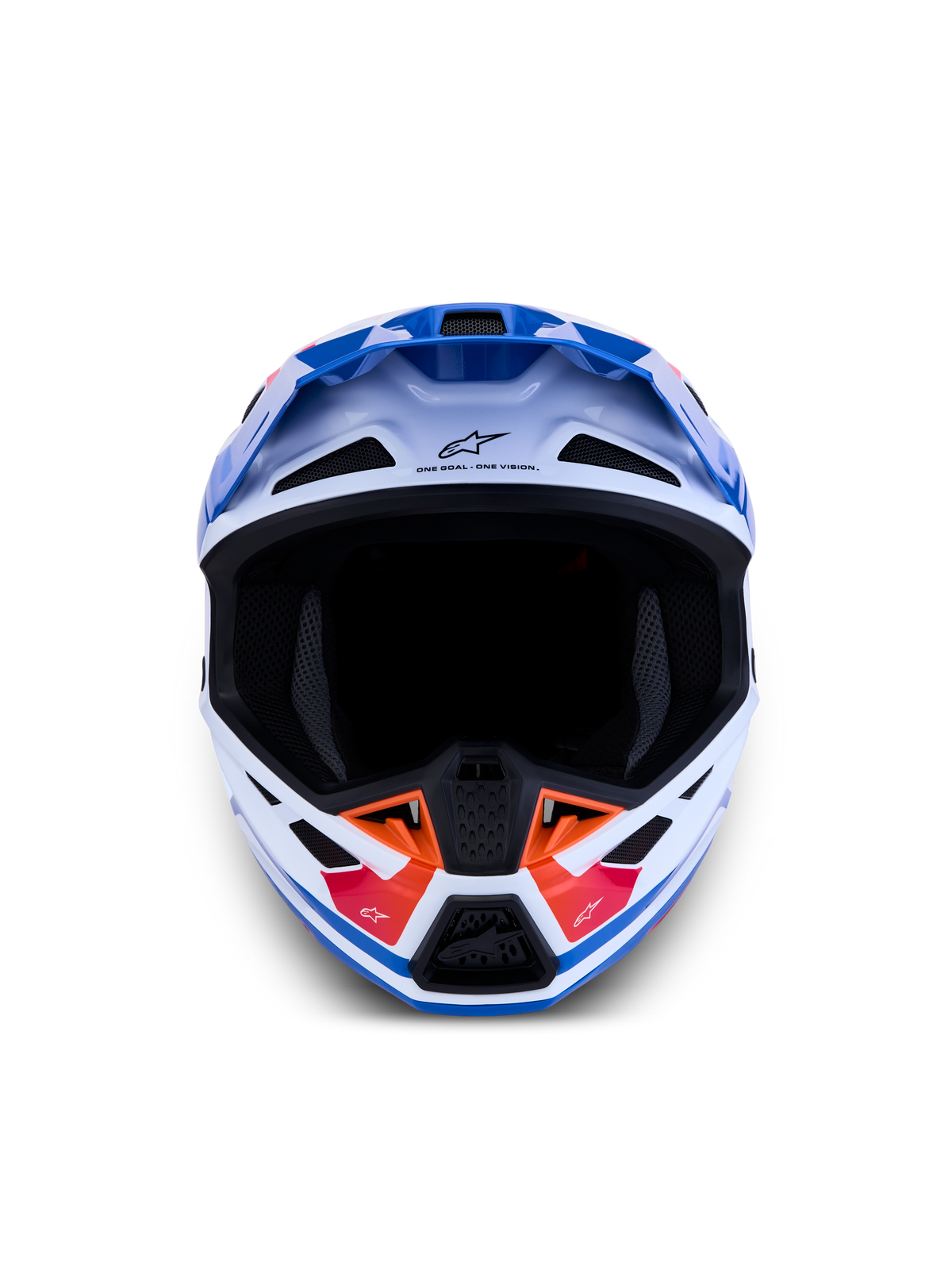 Alpinestars S-M7 Core ECE06, casco de motocross blanco y azul con detalles naranja, ventilación avanzada y certificación ECE