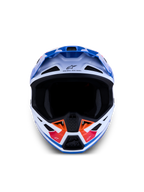 Alpinestars S-M7 Core ECE06, casco de motocross blanco y azul con detalles naranja, ventilación avanzada y certificación ECE