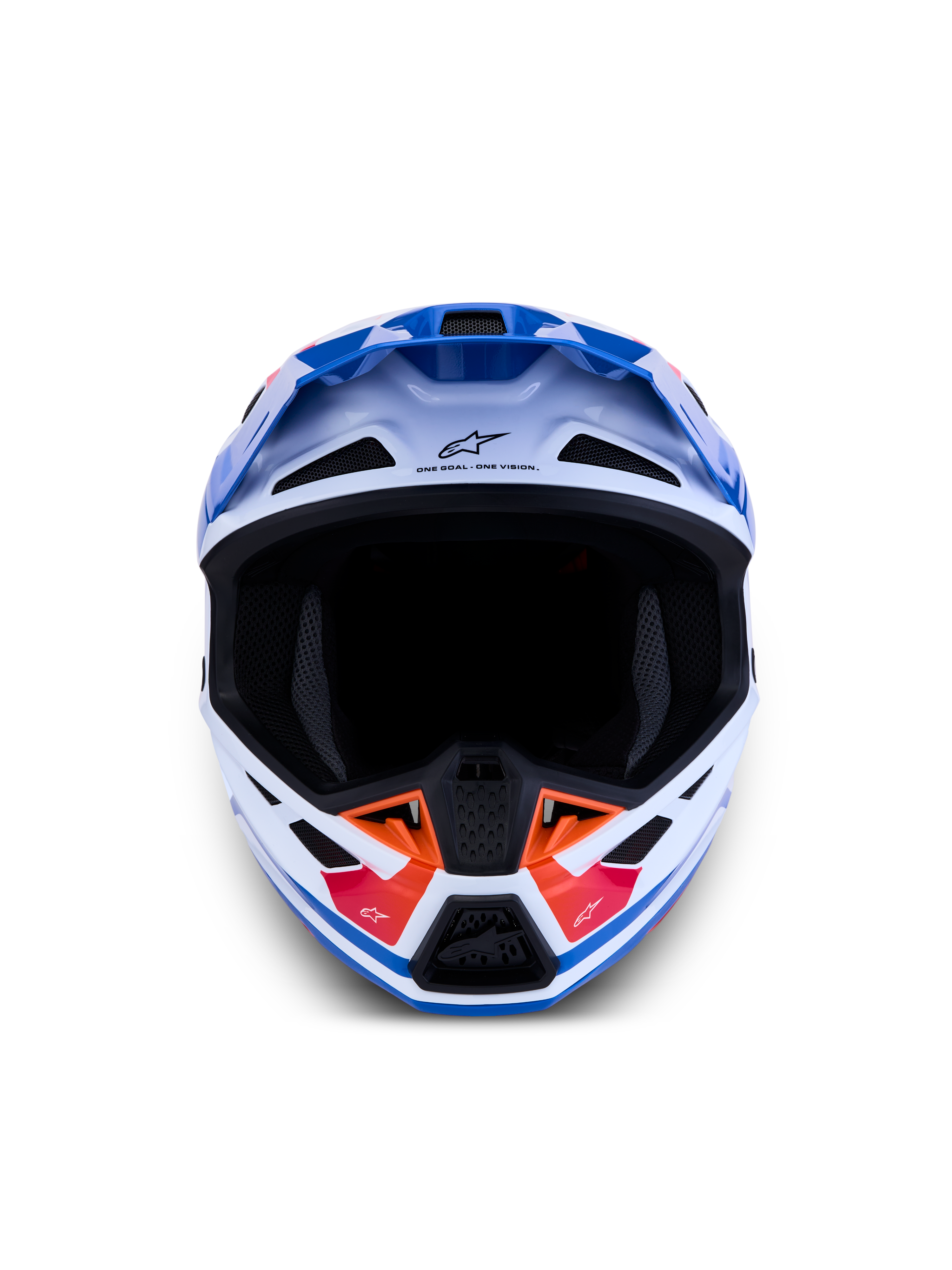 Alpinestars S-M7 Core ECE06, casco de motocross blanco y azul con detalles naranja, ventilación avanzada y certificación ECE
