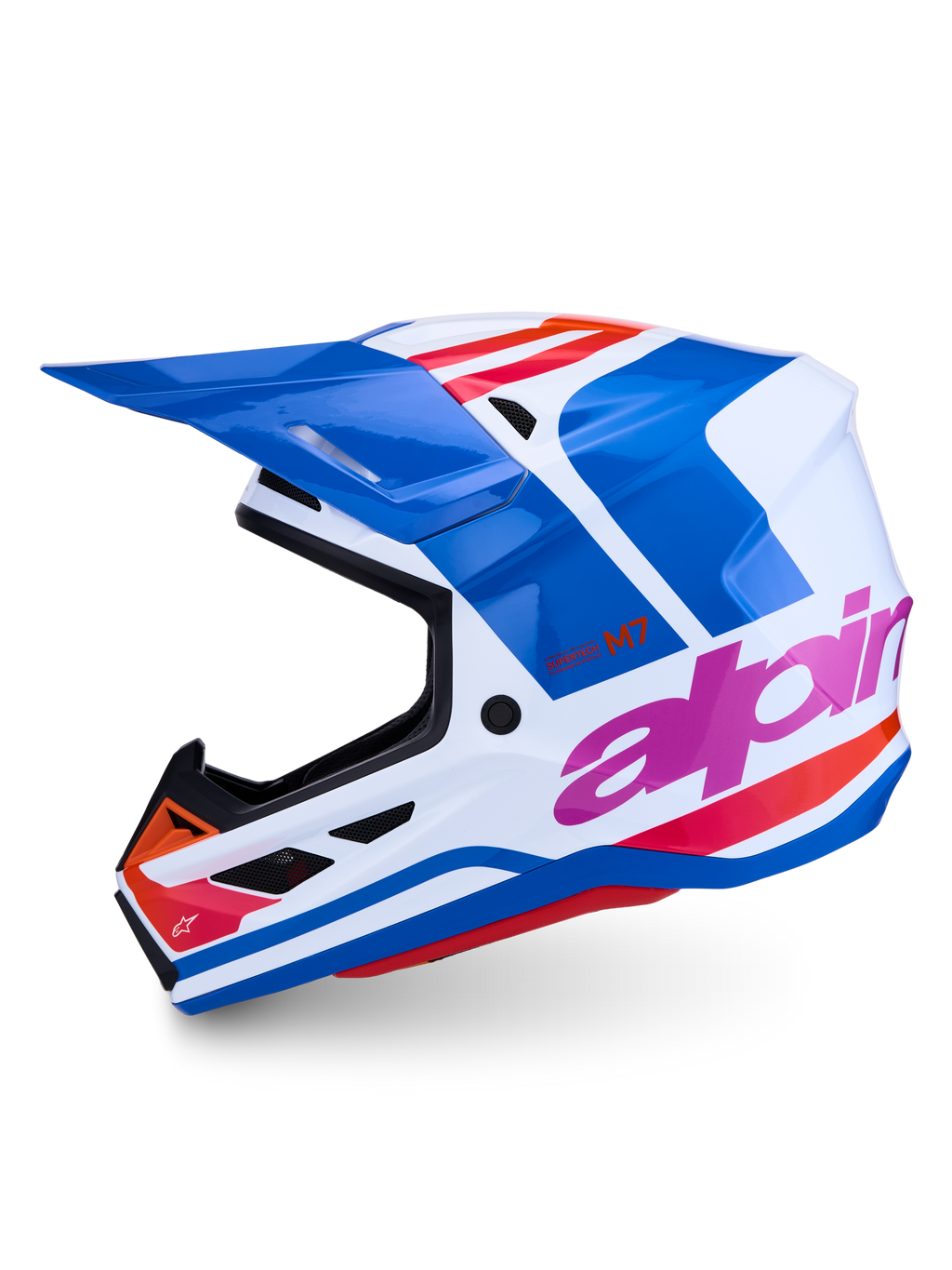 Alpinestars S-M7 Core ECE06, casco de motocross profesional, azul y blanco con detalles rosa y naranja, acabado brillante