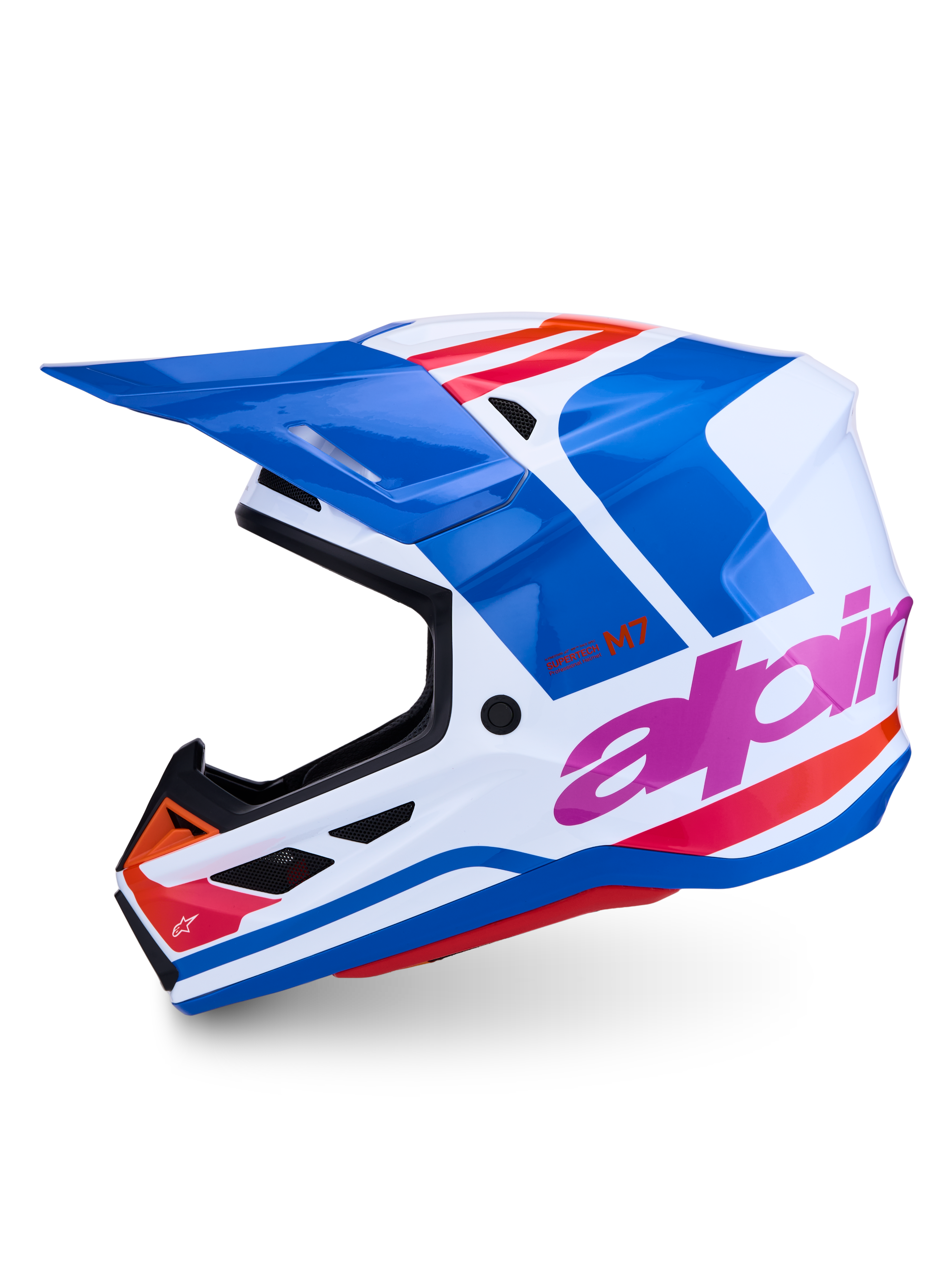 Alpinestars S-M7 Core ECE06, casco de motocross profesional, azul y blanco con detalles rosa y naranja, acabado brillante