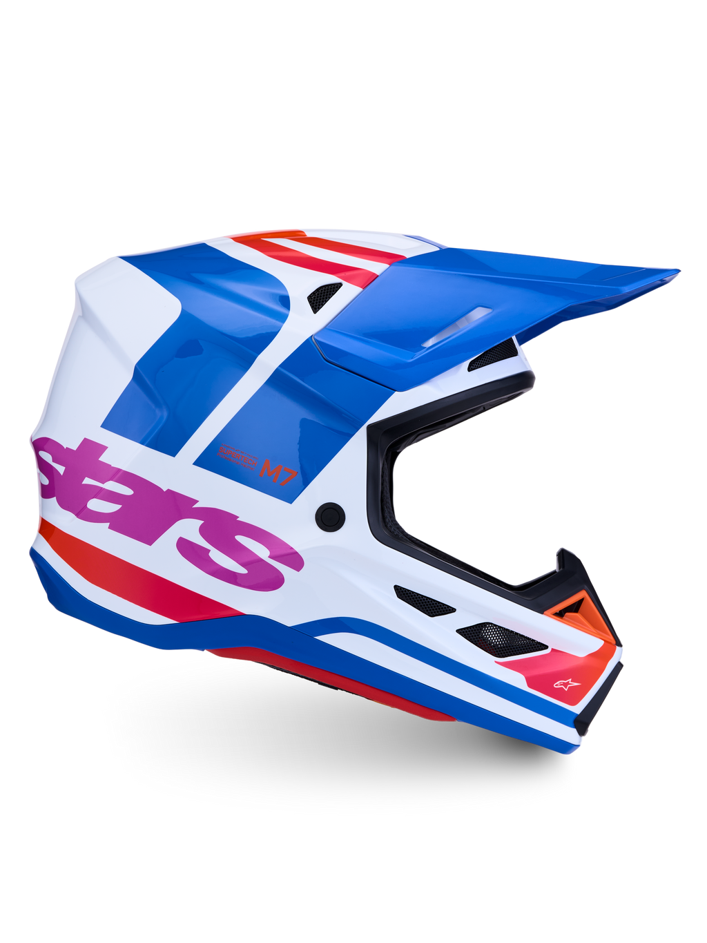 Casco Alpinestars S-M7 Core ECE06 de motocross, blanco, azul y rosa, acabado brillante, con certificación ECE 22.06