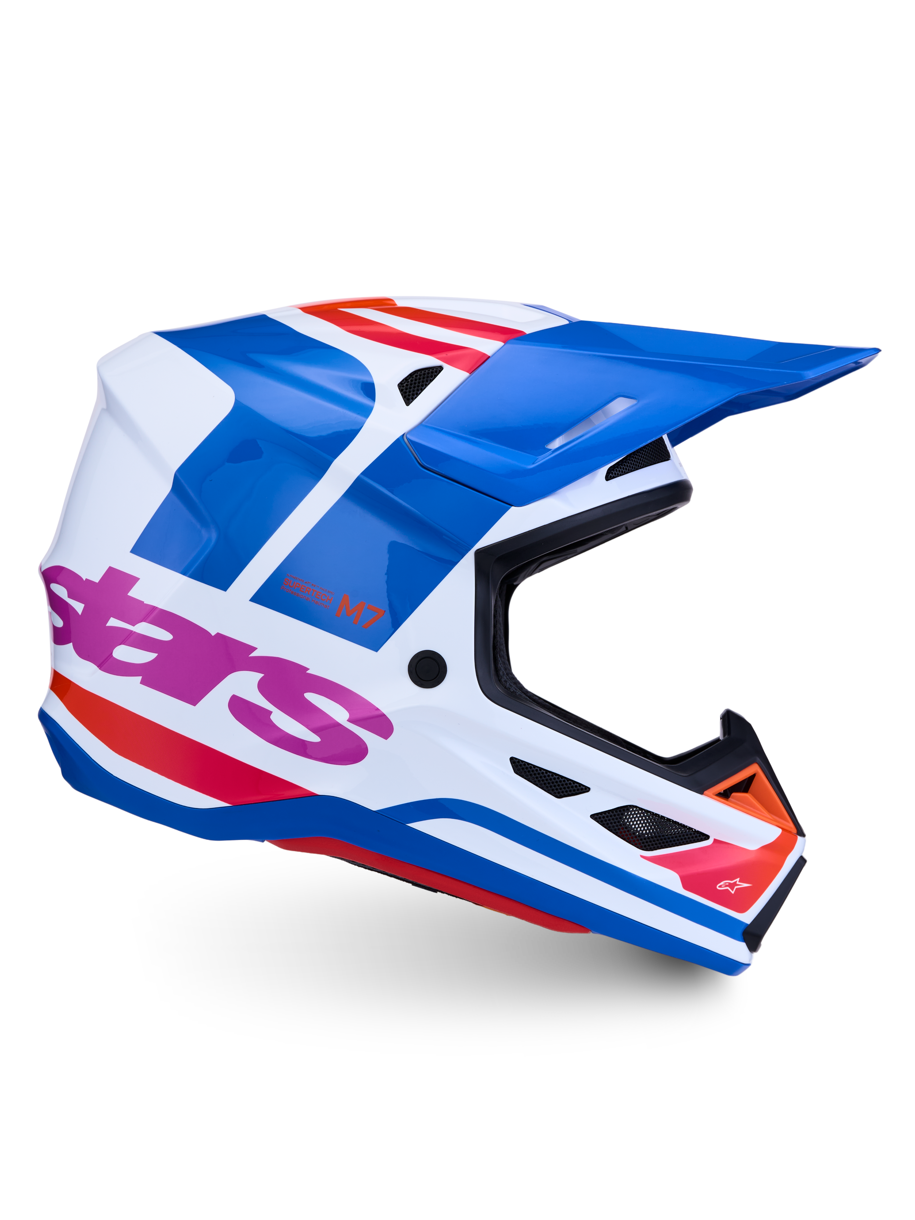 Casco Alpinestars S-M7 Core ECE06 de motocross, blanco, azul y rosa, acabado brillante, con certificación ECE 22.06