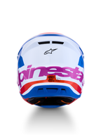 Casco Alpinestars S-M7 Core ECE06, casco de motocross para off-road, blanco y azul con detalles en rosa y naranja, certificado ECE 22.06, vista trasera
