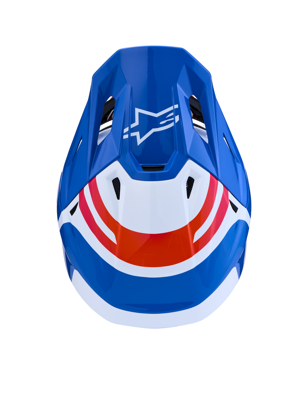 Alpinestars S-M7 Core ECE06, casco de motocross azul y blanco con detalles naranja y logo Astar, vista superior.