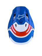 Alpinestars S-M7 Core ECE06, casco de motocross azul y blanco con detalles naranja y logo Astar, vista superior.
