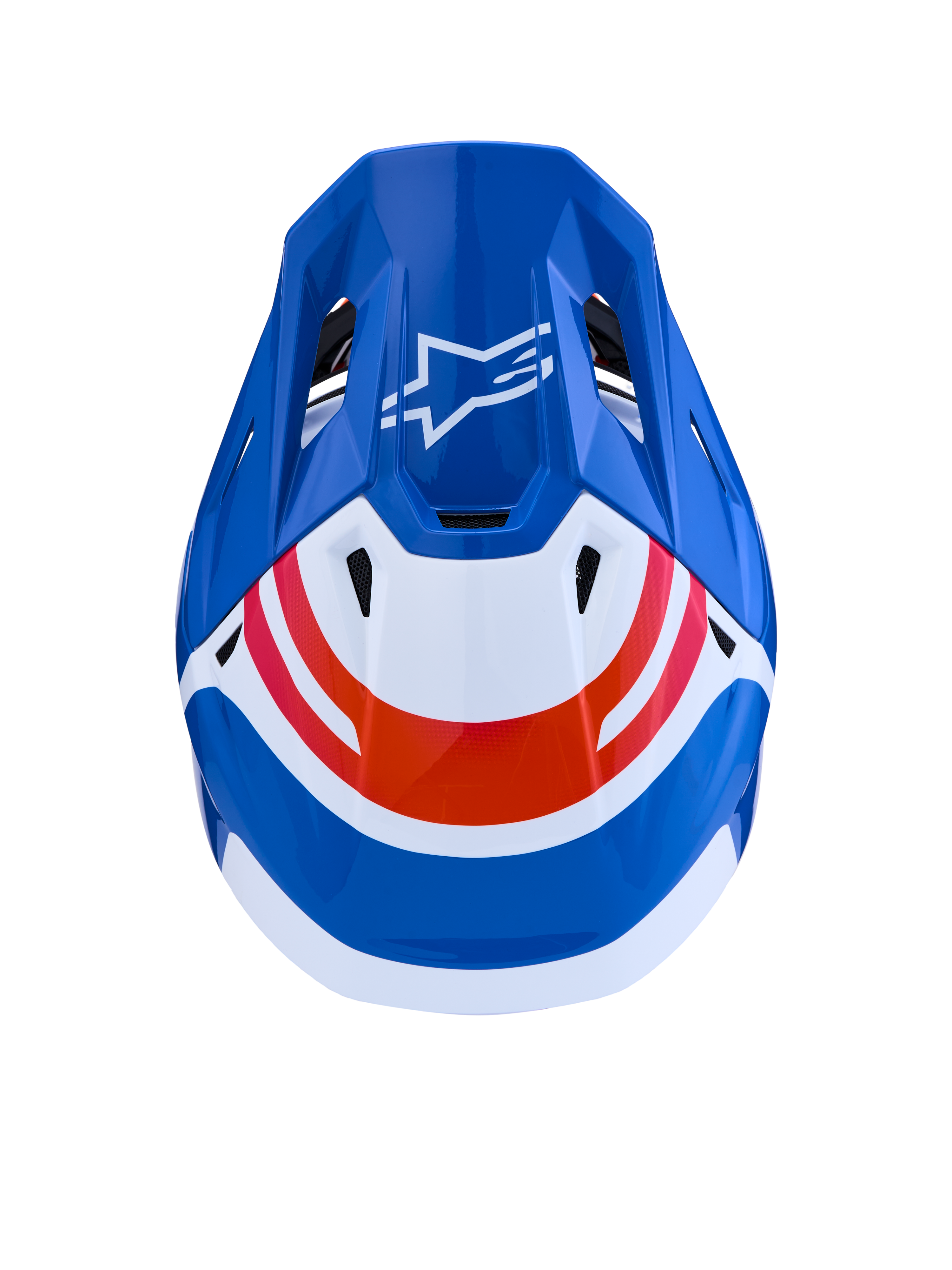 Alpinestars S-M7 Core ECE06, casco de motocross azul y blanco con detalles naranja y logo Astar, vista superior.