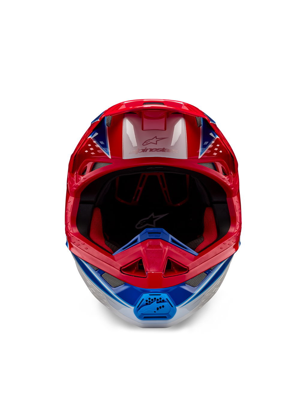 Casco Alpinestars Supertech M10 Aeon ECE 22.06, casco de motocross, rojo y azul brillante, vista frontal con carcasa aerodinámica, mentonera ventilada y acolchado interior rojo, acabado brillante para carreras todoterreno