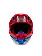 Casco Alpinestars Supertech M10 Aeon ECE 22.06, casco de motocross, rojo y azul brillante, vista frontal con carcasa aerodinámica, mentonera ventilada y acolchado interior rojo, acabado brillante para carreras todoterreno
