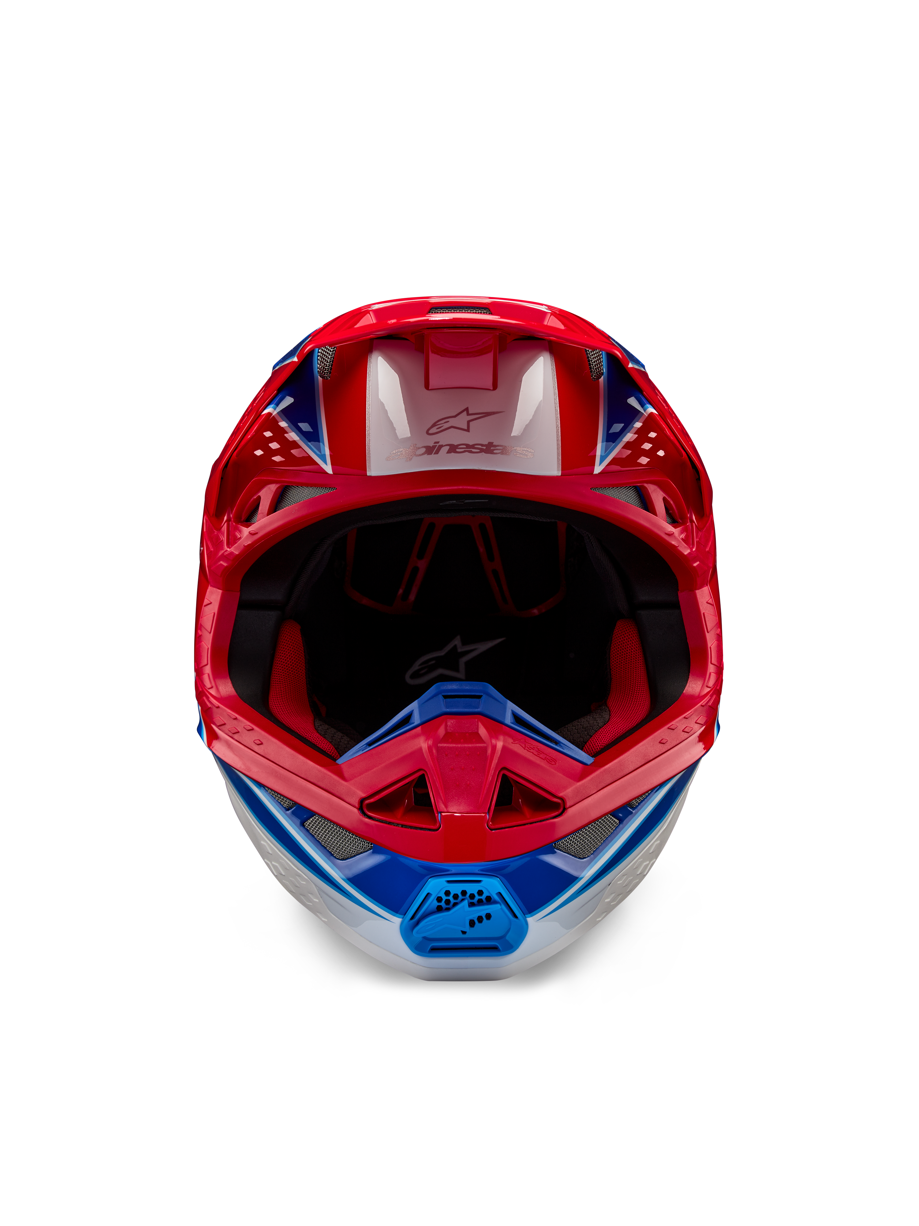 Casco Alpinestars Supertech M10 Aeon ECE 22.06, casco de motocross, rojo y azul brillante, vista frontal con carcasa aerodinámica, mentonera ventilada y acolchado interior rojo, acabado brillante para carreras todoterreno
