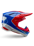 Casco Alpinestars Supertech M10 Aeon, casco de motocross, rojo brillante, azul y blanco, acabado brillante, perfil lateral aerodinámico con múltiples rejillas de ventilación cubiertas de malla, contornos angulares y visera