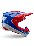 Casco Alpinestars Supertech M10 Aeon, casco de motocross, rojo brillante, azul y blanco, acabado brillante, perfil lateral aerodinámico con múltiples rejillas de ventilación cubiertas de malla, contornos angulares y visera