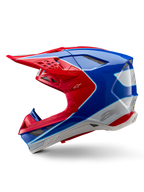 Casco Alpinestars Supertech M10 Aeon ECE 22.06, casco de motocross, rojo y azul brillante, vista de perfil lateral, carcasa aerodinámica de compuesto múltiple con puertos de ventilación integrados y diseño gráfico en rojo y azul, acabado brillante para carreras todoterreno