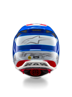 Casco Alpinestars Supertech M10 Aeon ECE 22.06, casco de motocross, vista trasera, acabado brillante en rojo y azul, logotipo grande de Alpinestars plateado, múltiples puertos de ventilación, adhesivos de seguridad MIPS y ECE, protección profesional para competición