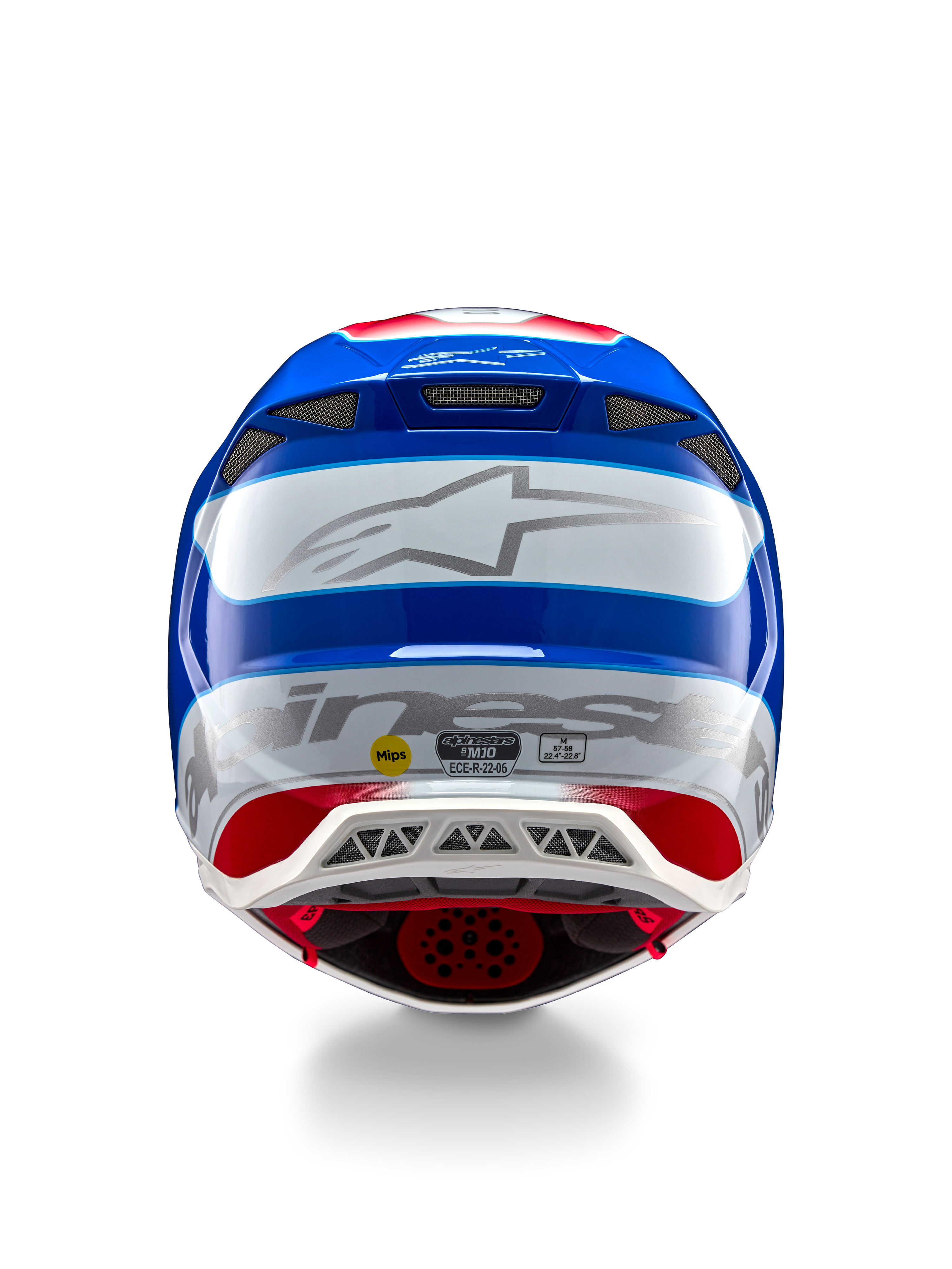 Casco Alpinestars Supertech M10 Aeon ECE 22.06, casco de motocross, vista trasera, acabado brillante en rojo y azul, logotipo grande de Alpinestars plateado, múltiples puertos de ventilación, adhesivos de seguridad MIPS y ECE, protección profesional para competición