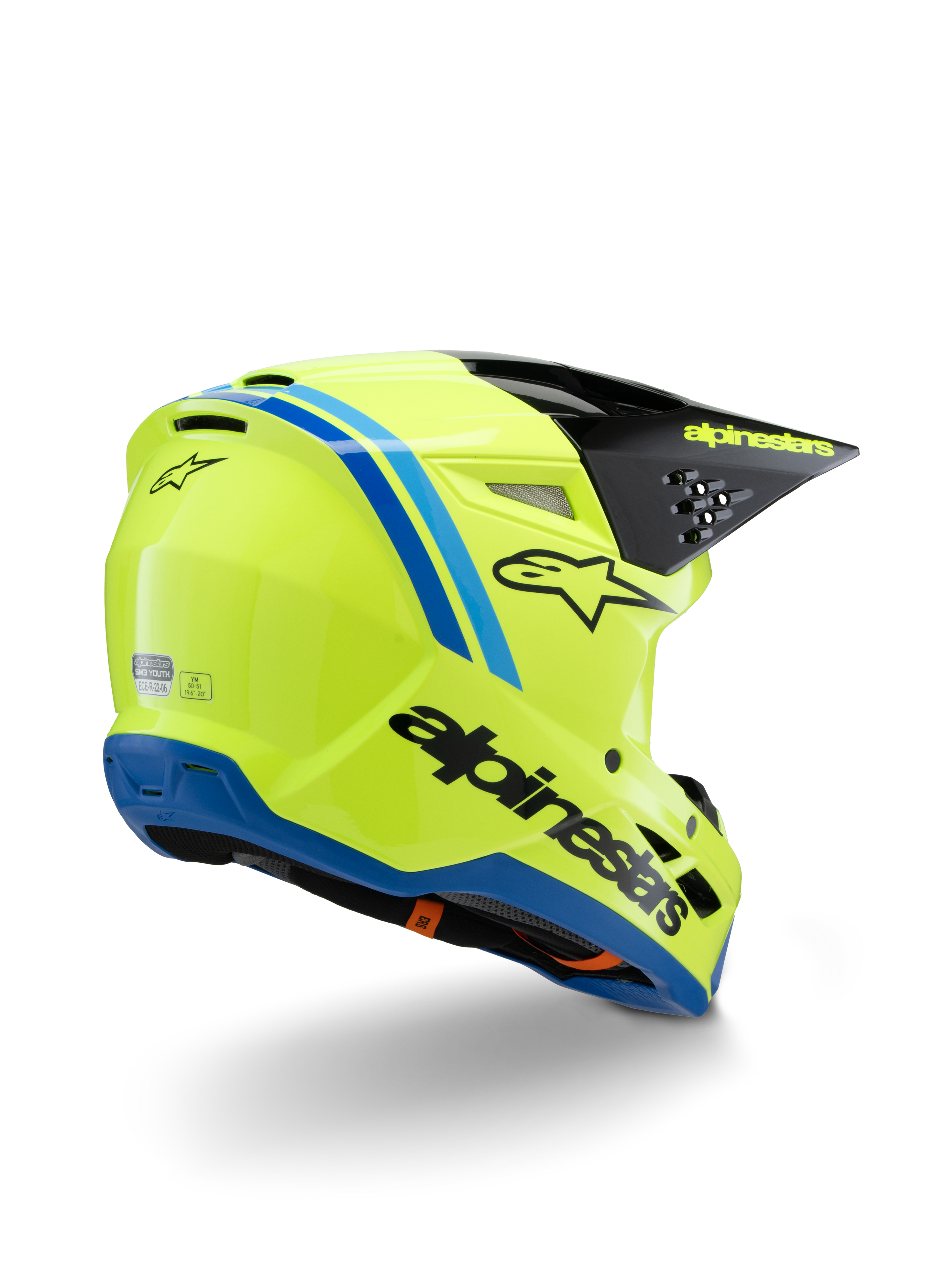 Casco Alpinestars S-M3 Youth Radium ECE 22.06, casco de motocross, amarillo flúor con detalles en negro y azul, vista trasera en tres cuartos que muestra la visera negra con logotipo amarillo y ribete de la base azul