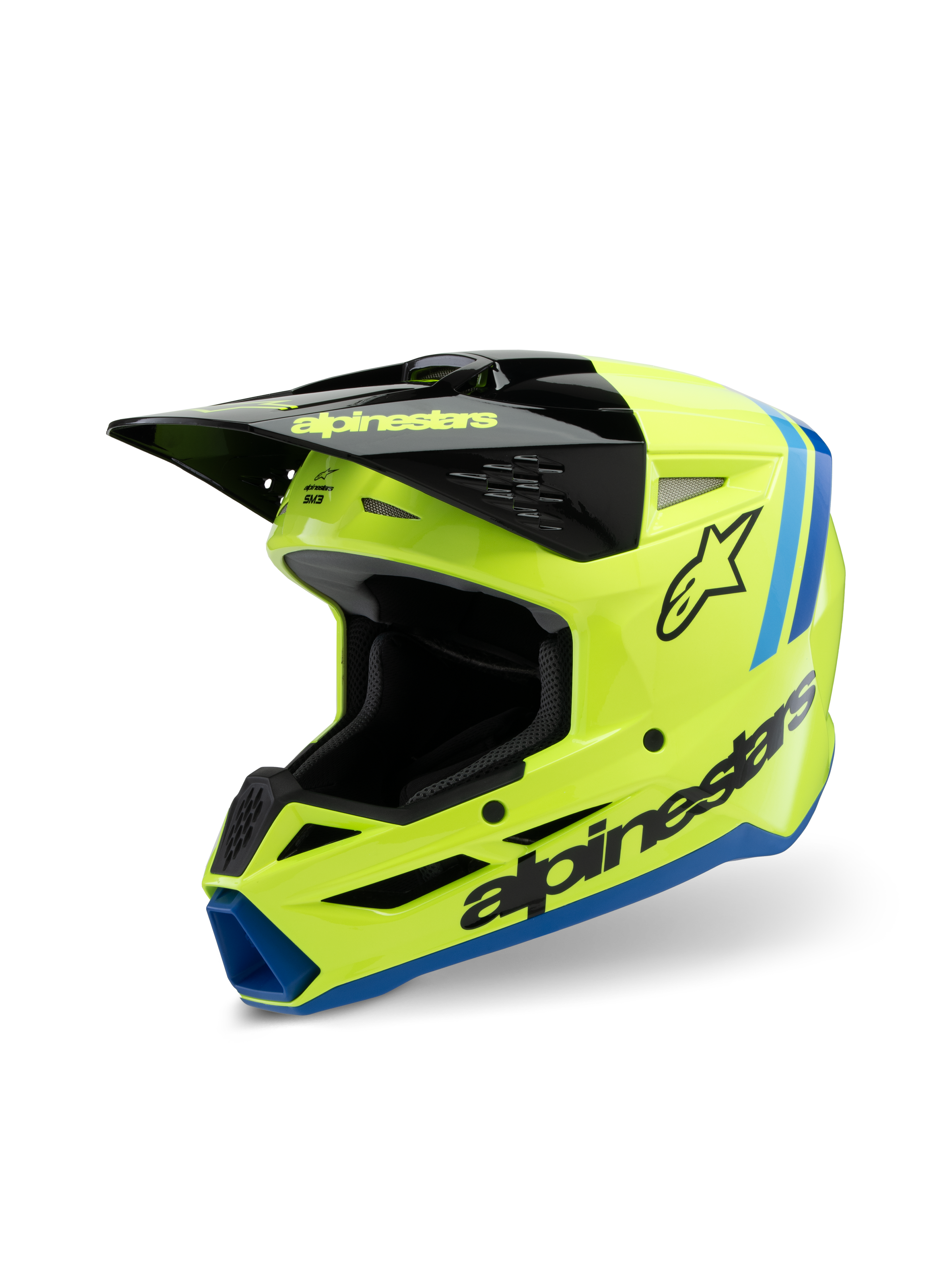 Casco Alpinestars S-M3 Radium Juvenil, casco de motocross, amarillo flúor, negro y azul, con visera negra, logotipo de Alpinestars en el lateral, detalles azules en los bordes, equipo de protección de alto rendimiento para jóvenes pilotos