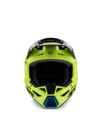 Casco Alpinestars S-M3 Youth Radium, casco de motocross, amarillo flúor, negro y azul, vista frontal con visera negra y ventilación azul en la mentonera, logotipo de Alpinestars destacado, perfil aerodinámico estilizado para carreras off-road juveniles