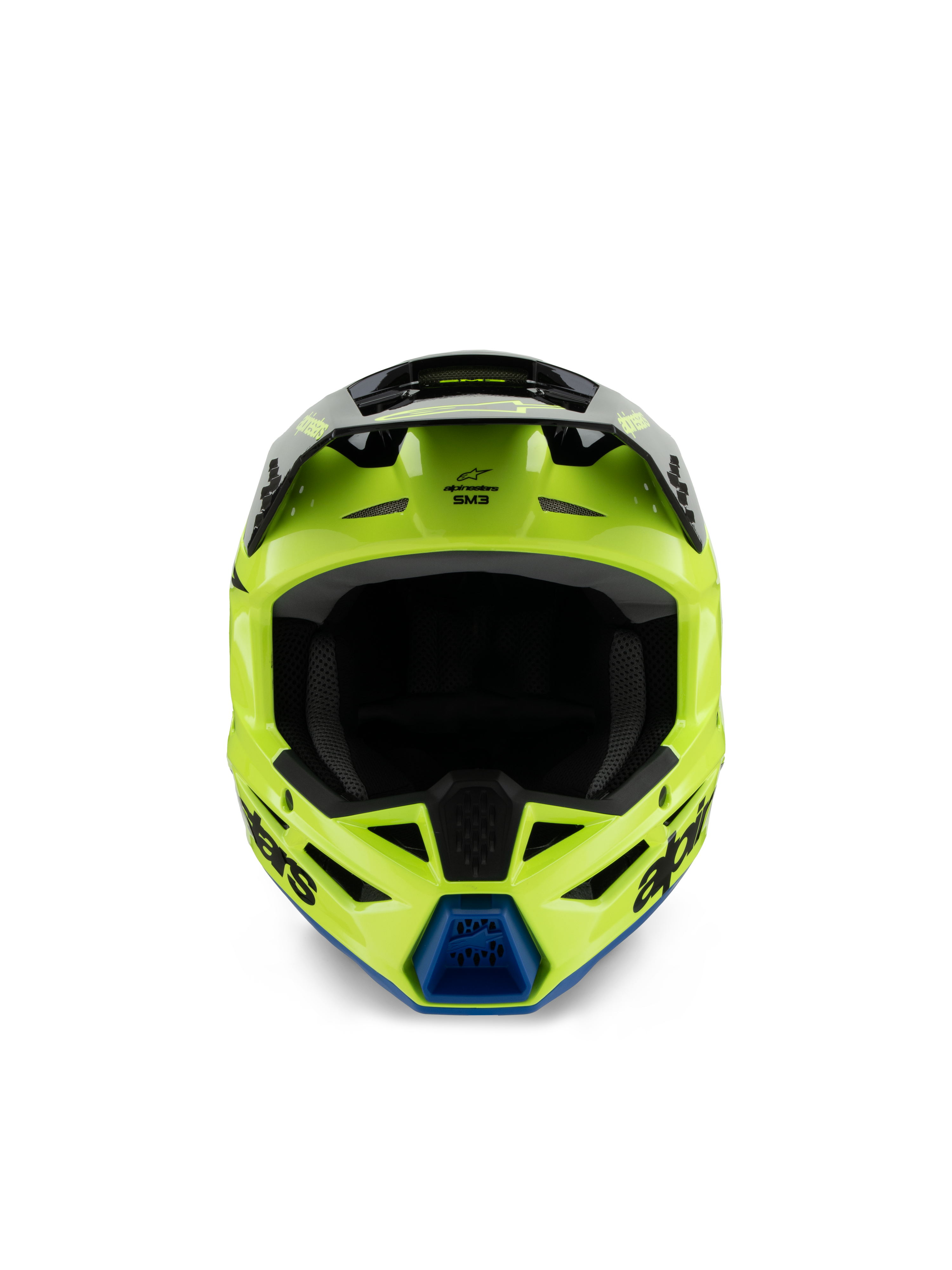 Casco Alpinestars S-M3 Youth Radium, casco de motocross, amarillo flúor, negro y azul, vista frontal con visera negra y ventilación azul en la mentonera, logotipo de Alpinestars destacado, perfil aerodinámico estilizado para carreras off-road juveniles