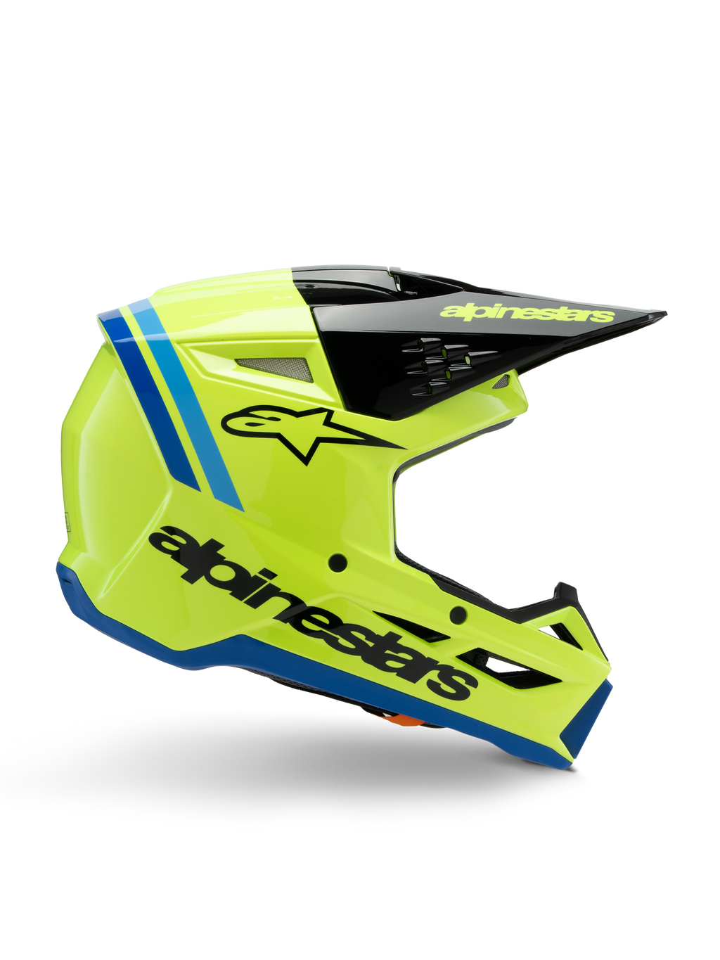 Alpinestars S-M3 Youth Radium Helmet, casco de motocross juvenil, amarillo flúor brillante con detalles en negro y azul, vista lateral que muestra el diseño aerodinámico, visera negra con logotipo amarillo, marca negra llamativa en el lateral, protección certificada ECE 22.06 para carreras off-road