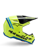 Alpinestars S-M3 Youth Radium Helmet, casco de motocross juvenil, amarillo flúor brillante con detalles en negro y azul, vista lateral que muestra el diseño aerodinámico, visera negra con logotipo amarillo, marca negra llamativa en el lateral, protección certificada ECE 22.06 para carreras off-road