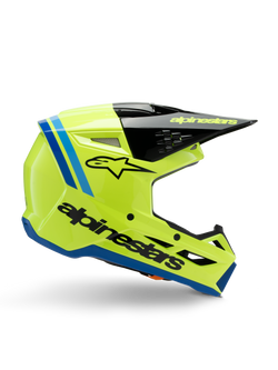 Alpinestars S-M3 Youth Radium Helmet, Motocross Youth Helmet, Bright Fluo Yellow with Black and Blue accents, side view showcasing aerodynamic design, black peak with yellow logo, bold black branding on the side, ECE 22.06 certified protection for off-road racing