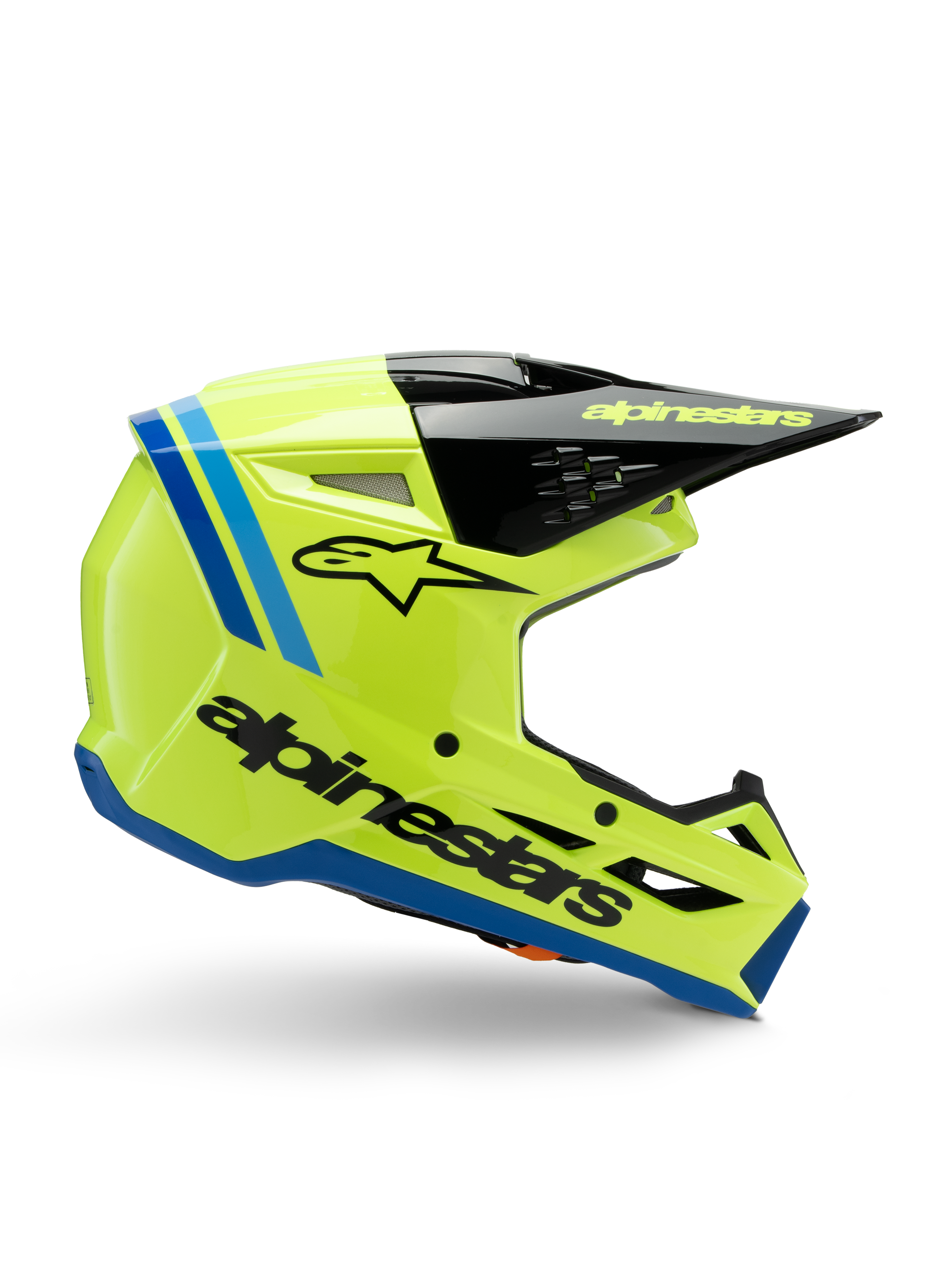Alpinestars S-M3 Youth Radium Helmet, casco de motocross juvenil, amarillo flúor brillante con detalles en negro y azul, vista lateral que muestra el diseño aerodinámico, visera negra con logotipo amarillo, marca negra llamativa en el lateral, protección certificada ECE 22.06 para carreras off-road