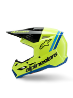 Alpinestars S-M3 Youth Radium Helmet, casco de motocross, amarillo fluorescente brillante con detalles en azul y negro, con logotipos destacados de Alpinestars, perfil aerodinámico estilizado para carreras off-road juveniles
